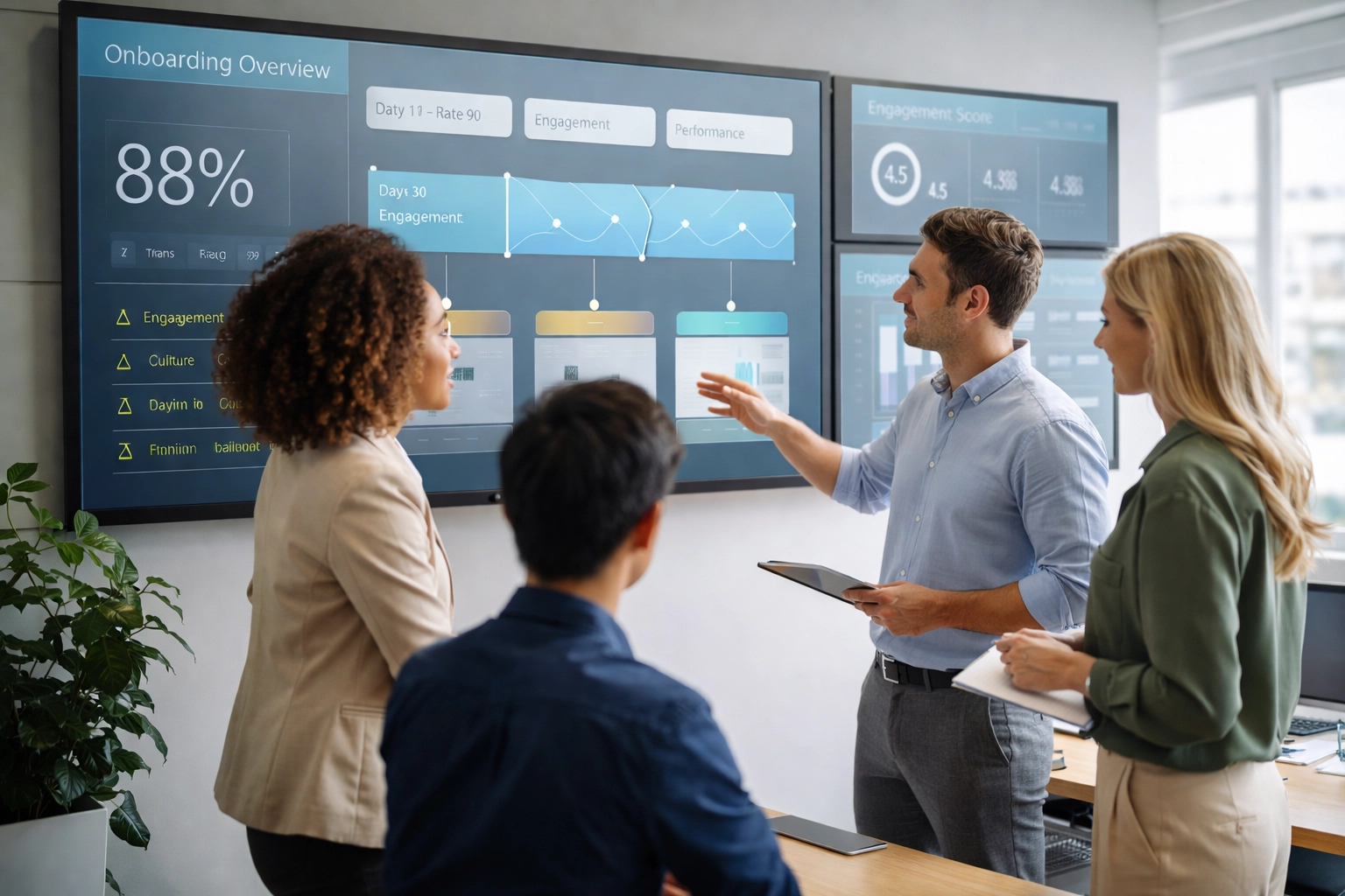 Team in a San Francisco tech operations room reviews onboarding metrics and culture integration dashboards.
