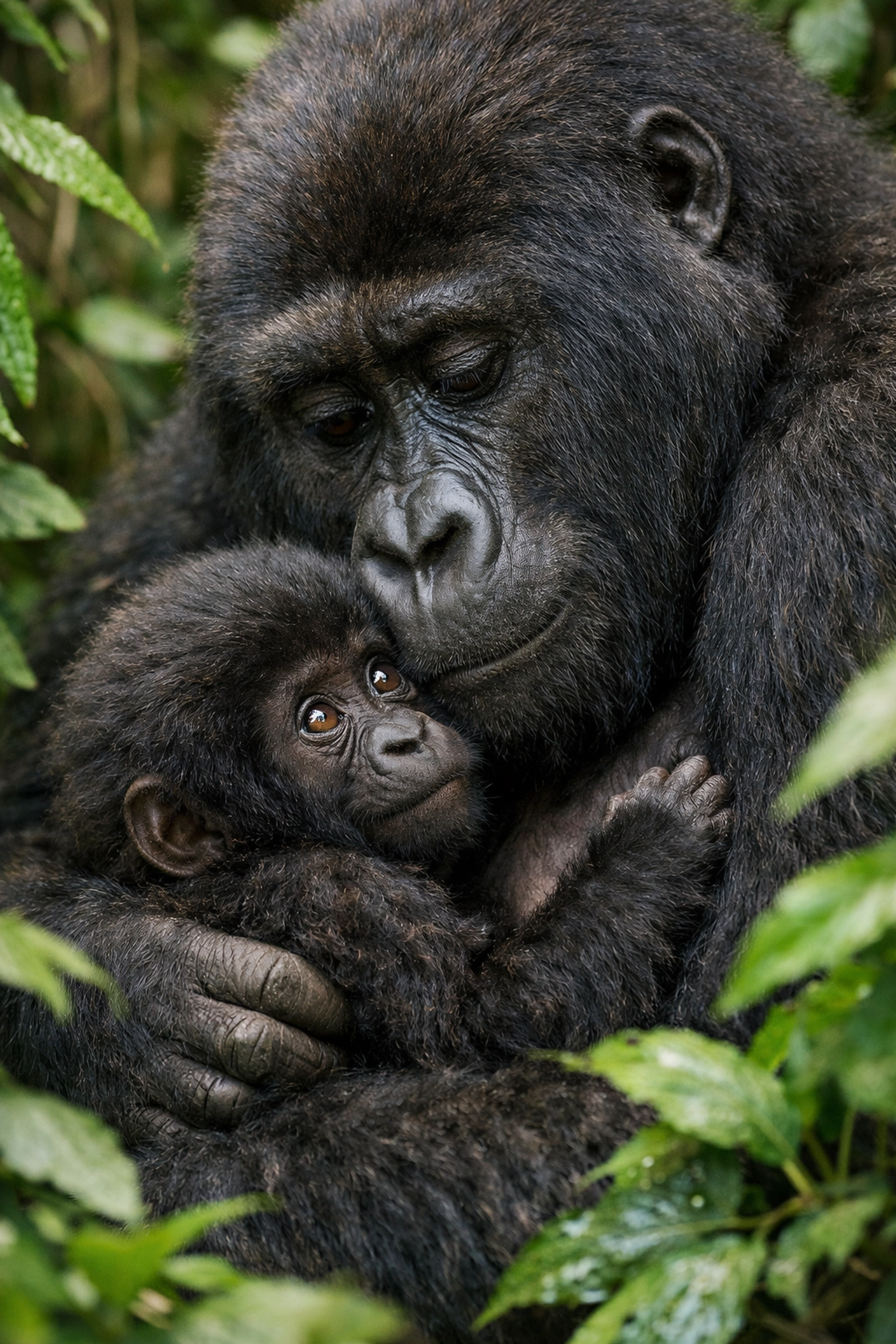 Mountain gorilla mother holding infant in rainforest habitat