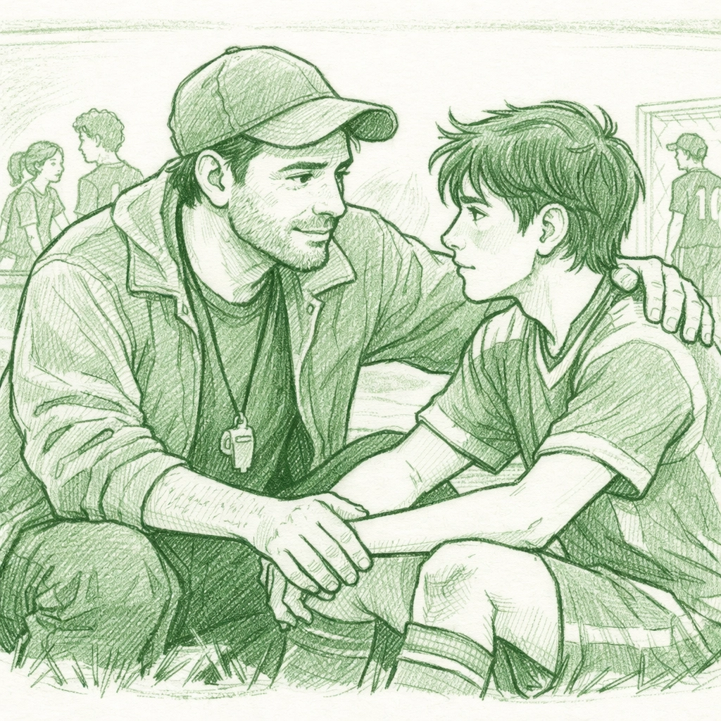 Gay coach father giving guidance to athlete son on soccer sideline