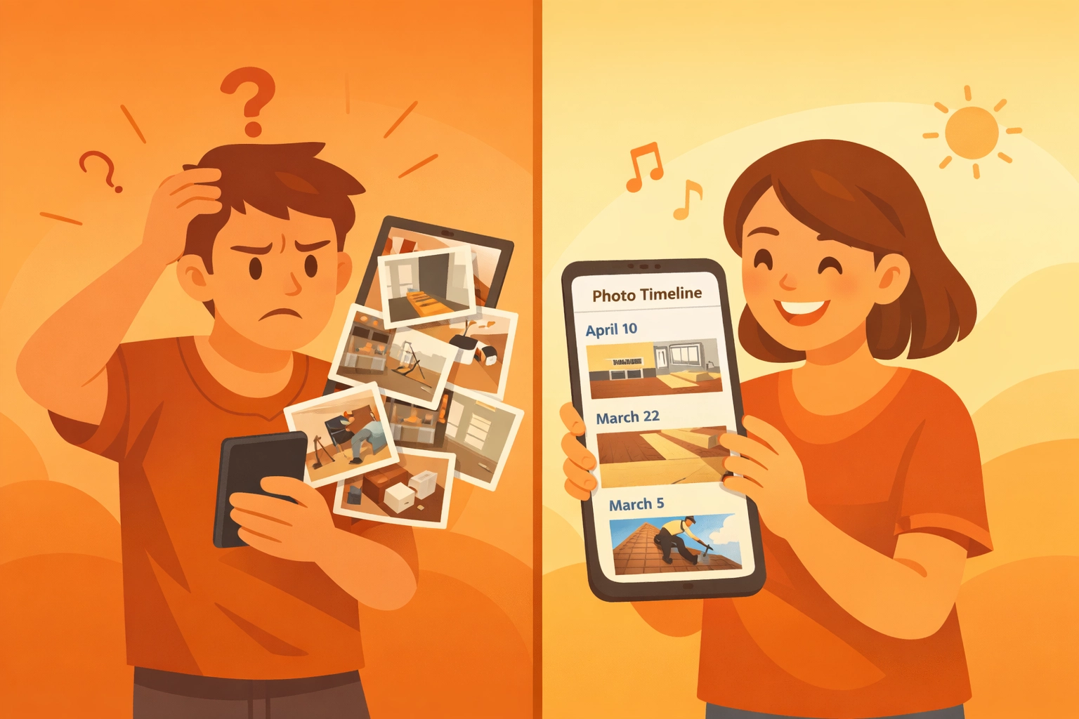 Comparison showing messy photo gallery versus organized contractor photo timeline on mobile devices