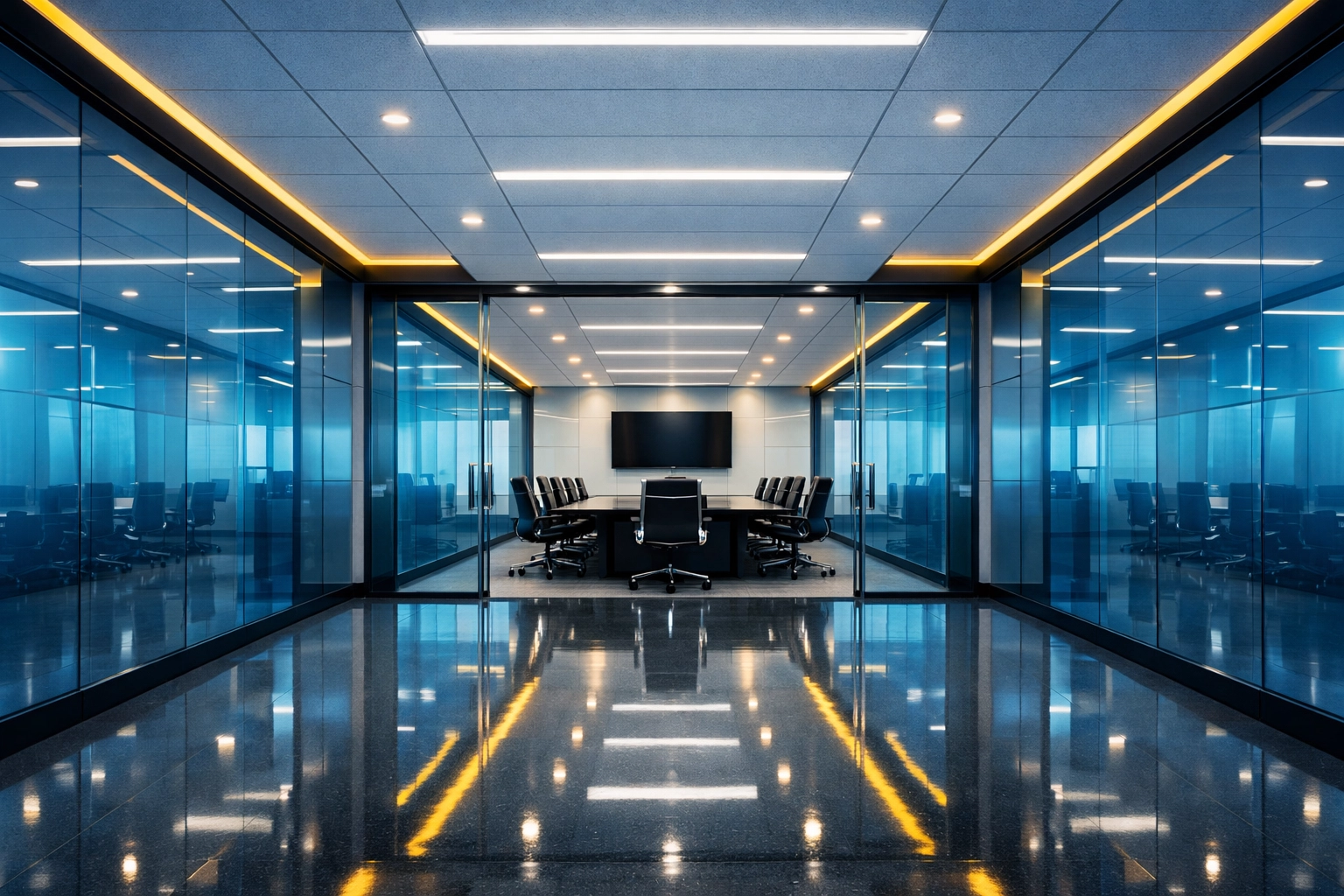 Polished corporate hallway floors reflecting high-quality commercial facility maintenance in Canton.