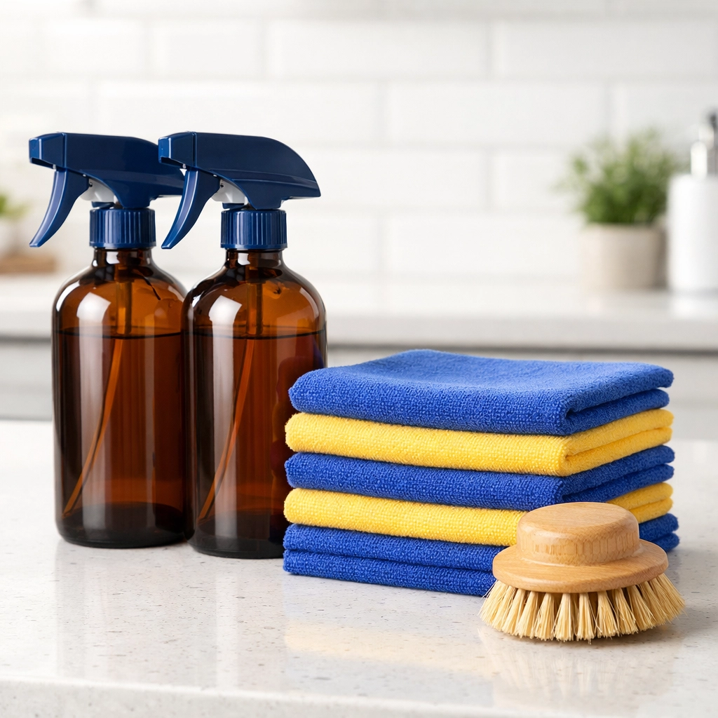 Eco-friendly cleaning supplies and microfiber cloths for Westwood luxury house cleaning.