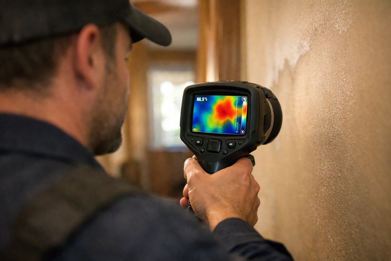 Thermal imaging camera detecting hidden moisture behind a wall during Seattle water damage restoration.