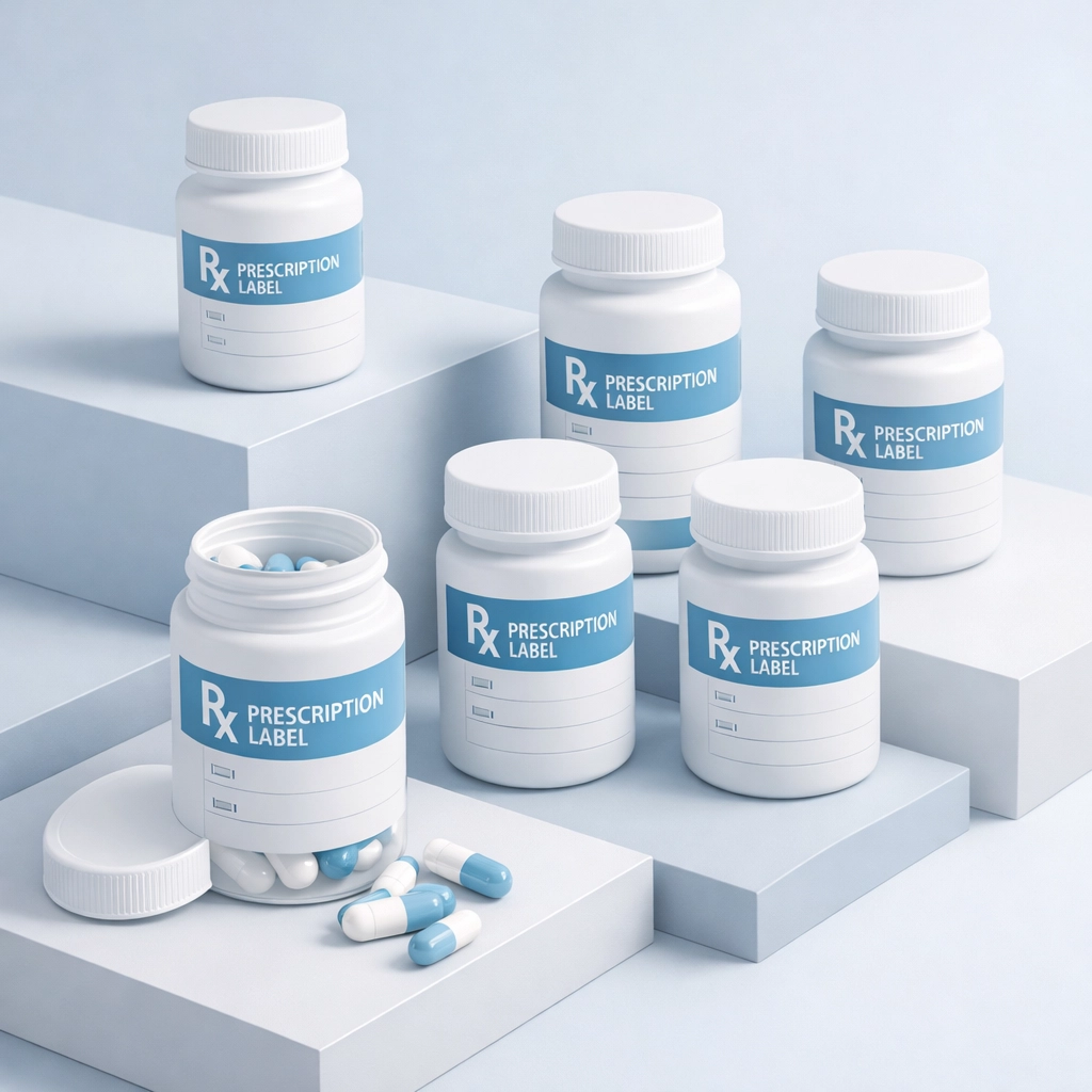 Prescription medication bottles showing drug coverage options in health insurance plans