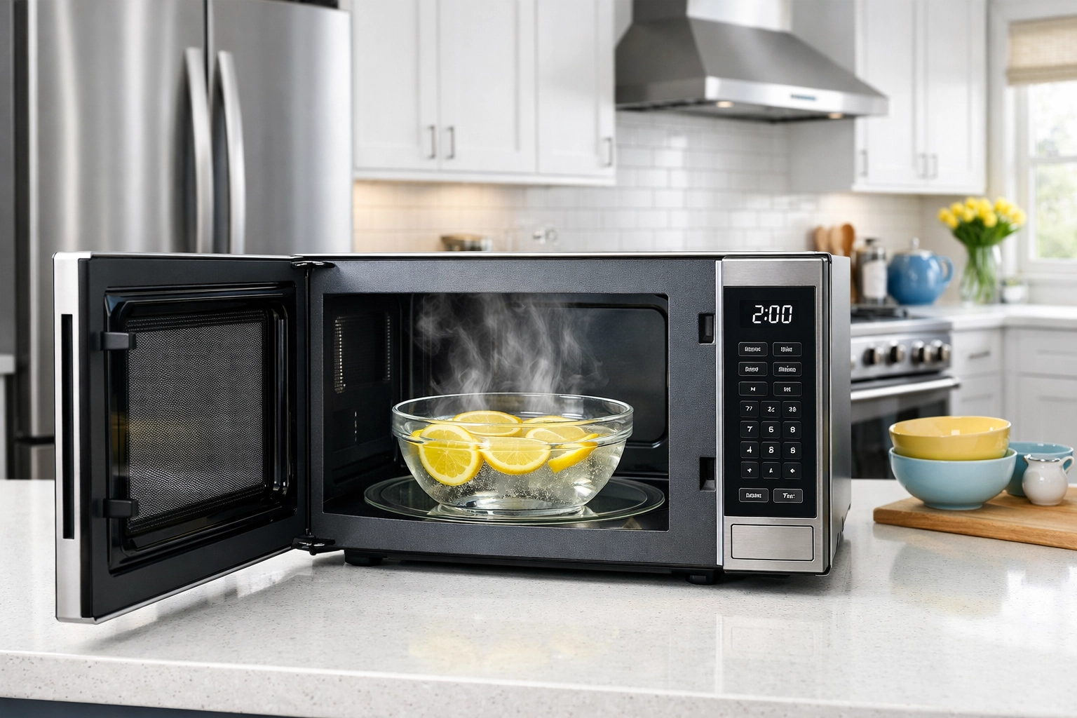 Eco-friendly Apartment Cleaning Massachusetts hack using lemon steam to clean a modern kitchen microwave.