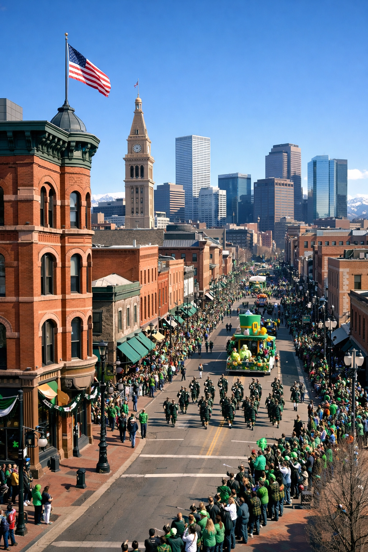 St. Patrick’s Day Parade moving through historic LoDo Denver red-brick buildings.