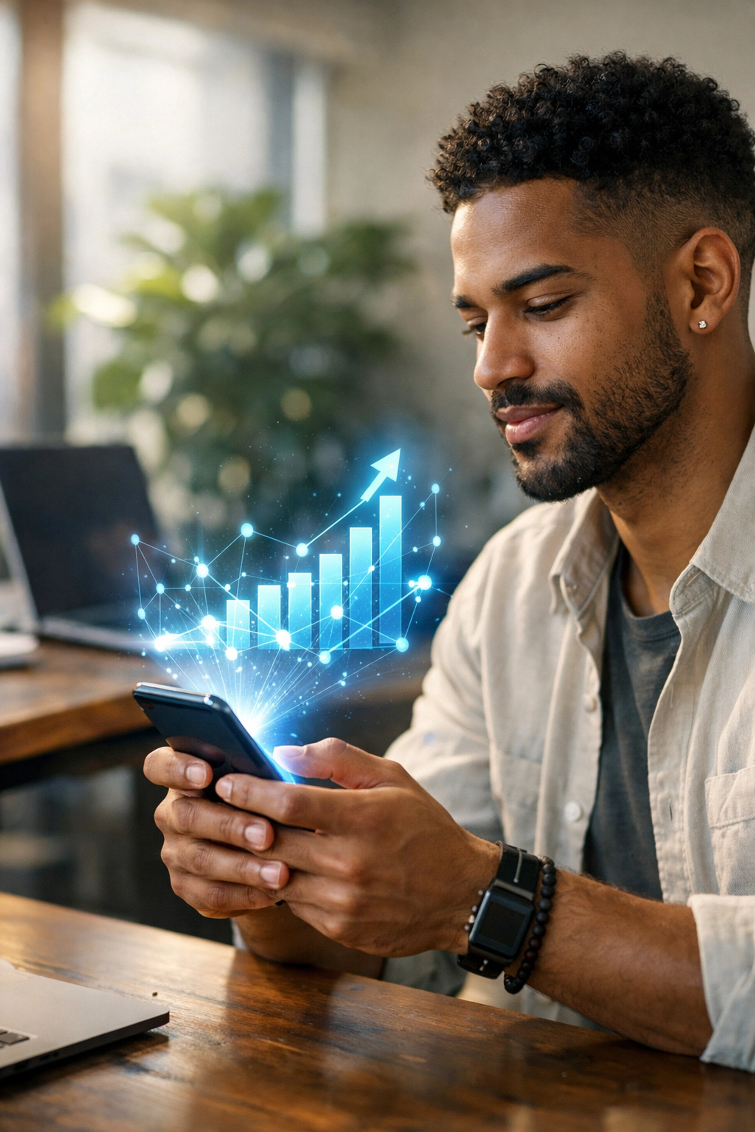 Entrepreneur using a sleek digital interface to accept LUSD and manage Larecoin AI-powered crypto payments.