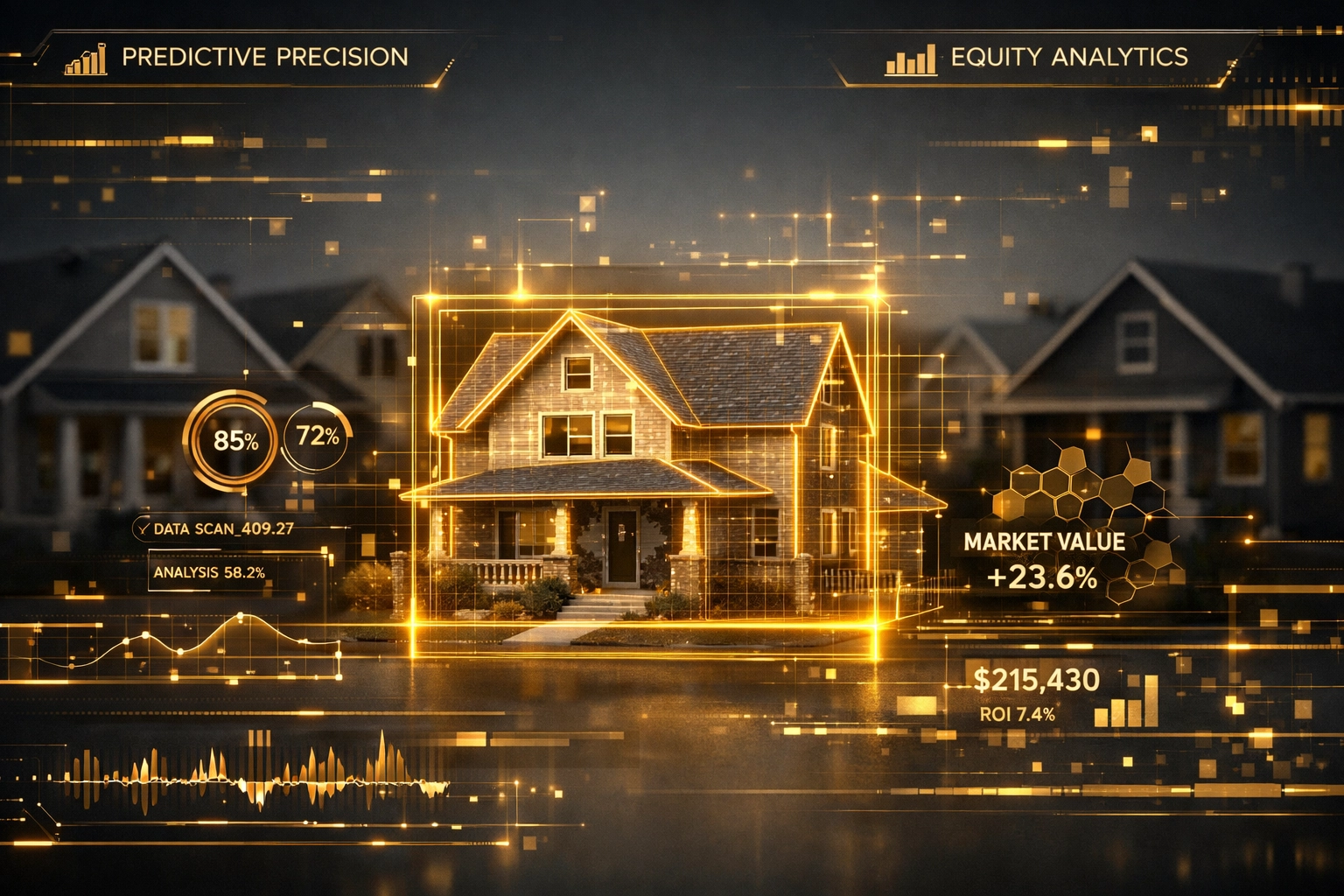 Digital analytics targeting high-equity distressed properties for sale in a residential neighborhood.