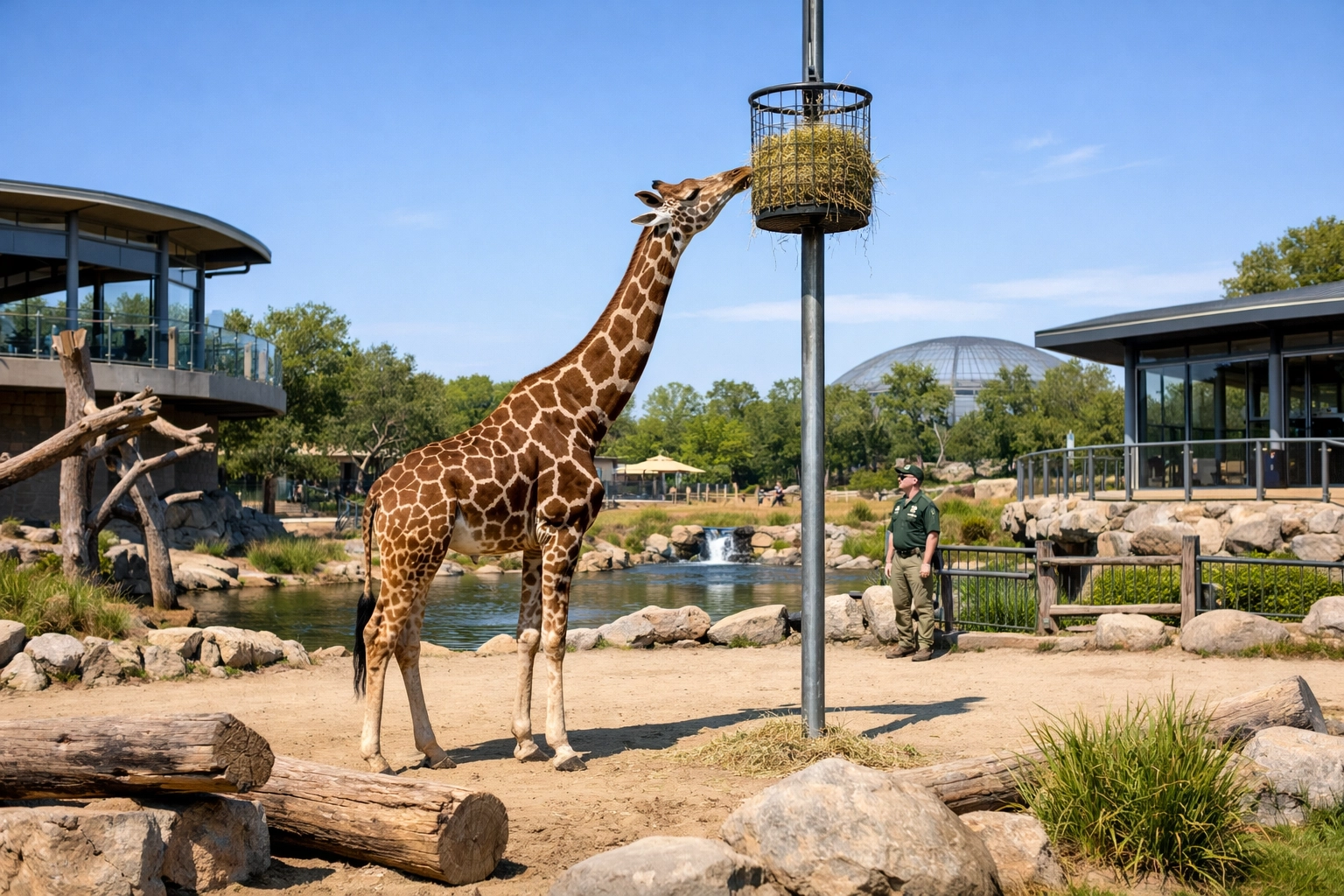 Modern giraffe habitat featuring a natural feeder and professional zoo staff in an open environment.