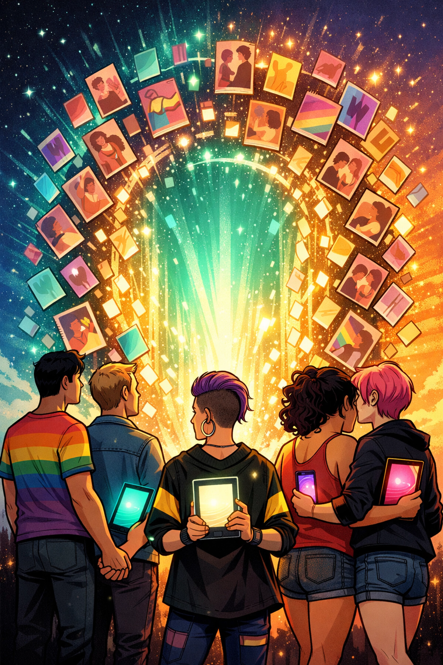 Diverse LGBTQ+ readers accessing exclusive gay romance ebooks and MM fiction on digital devices