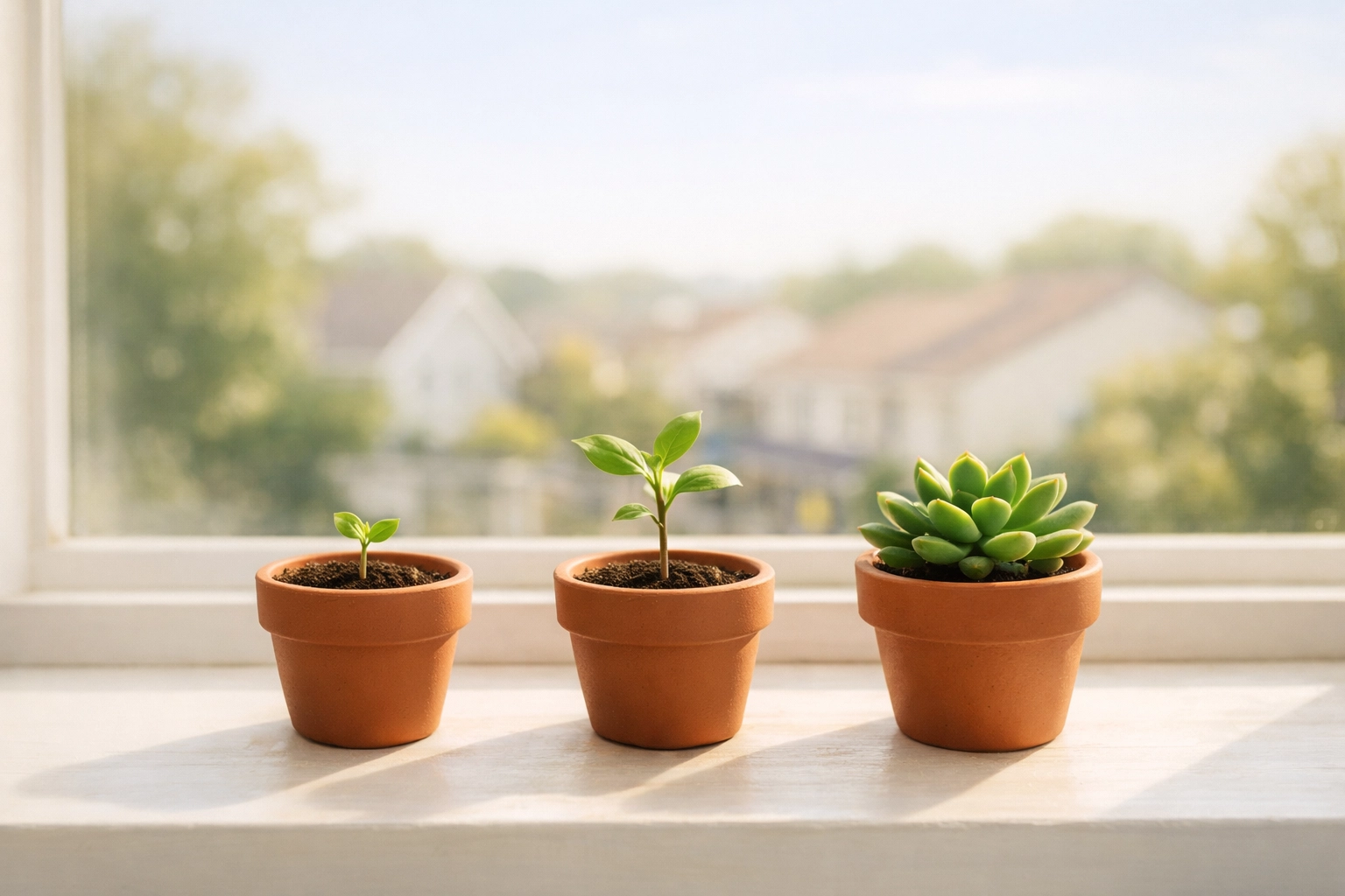 Three plants at different growth stages representing the personal journey of recovery and growth.