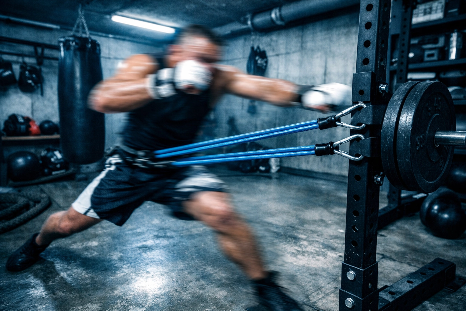 MMA fighter performing explosive resistance training using a vertical home gym equipment rail system.