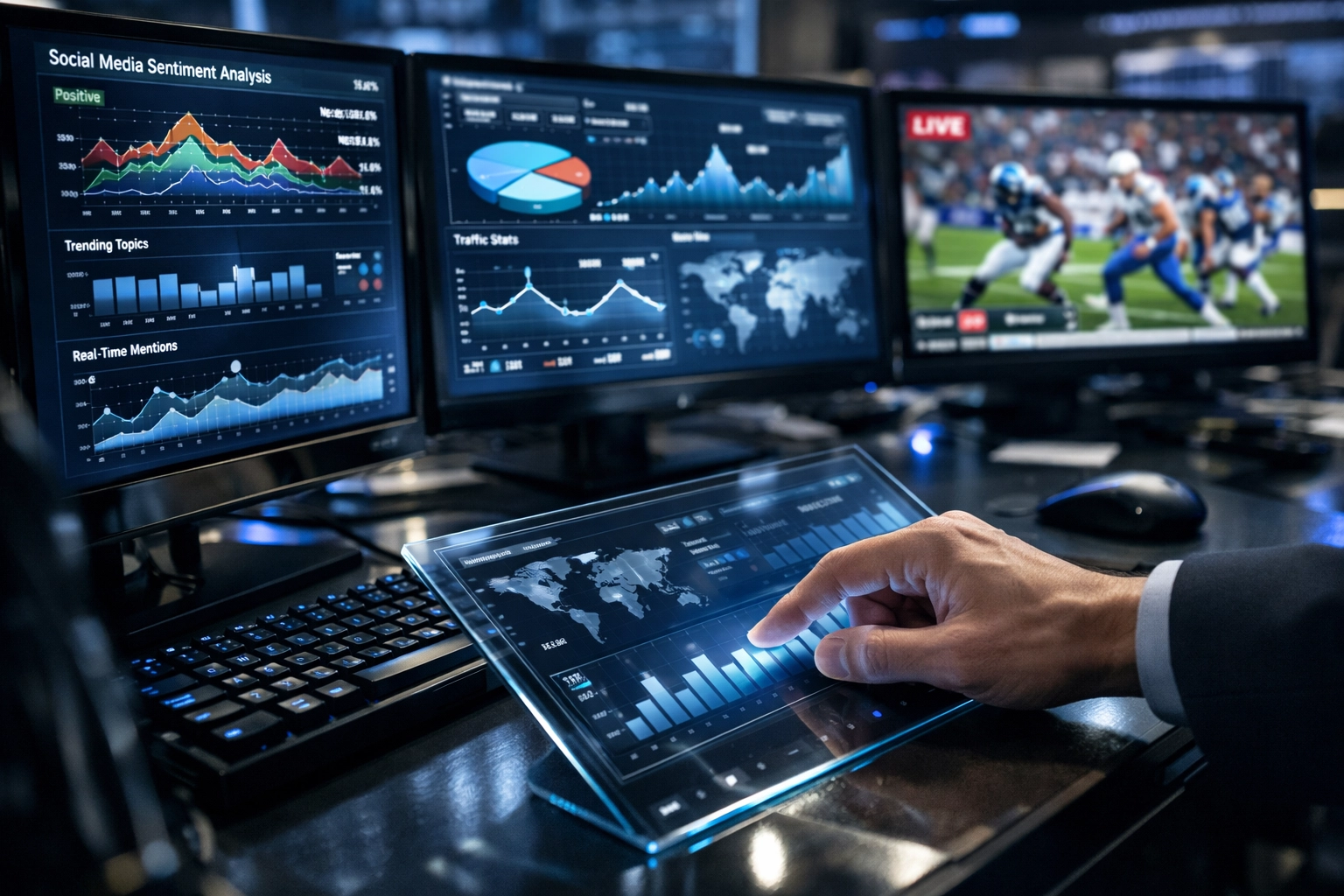 Marketing experts in a high-tech war room analyzing real-time sports data and social media trends on monitors.