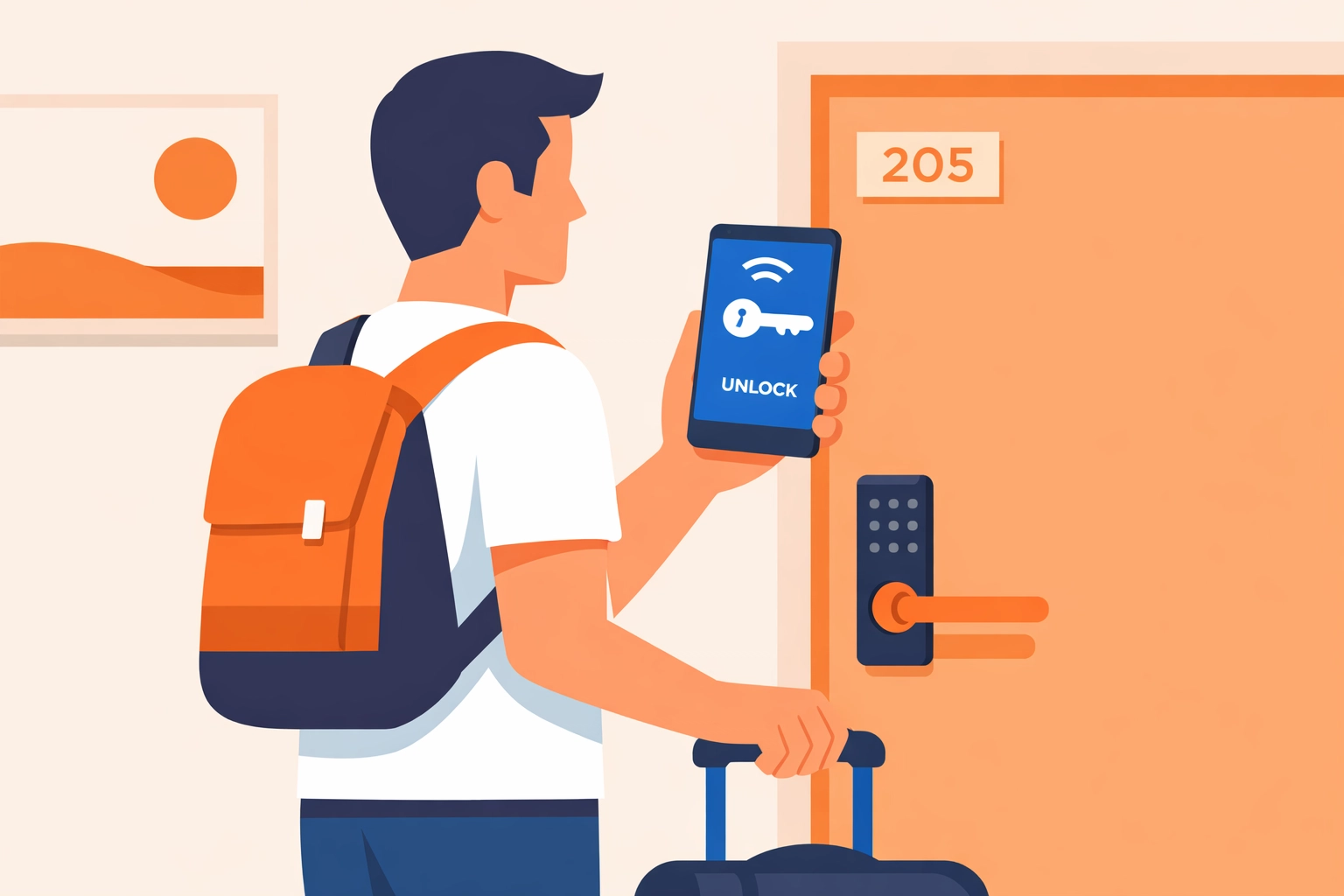 Hotel guest using smartphone for keyless room entry and mobile check-in