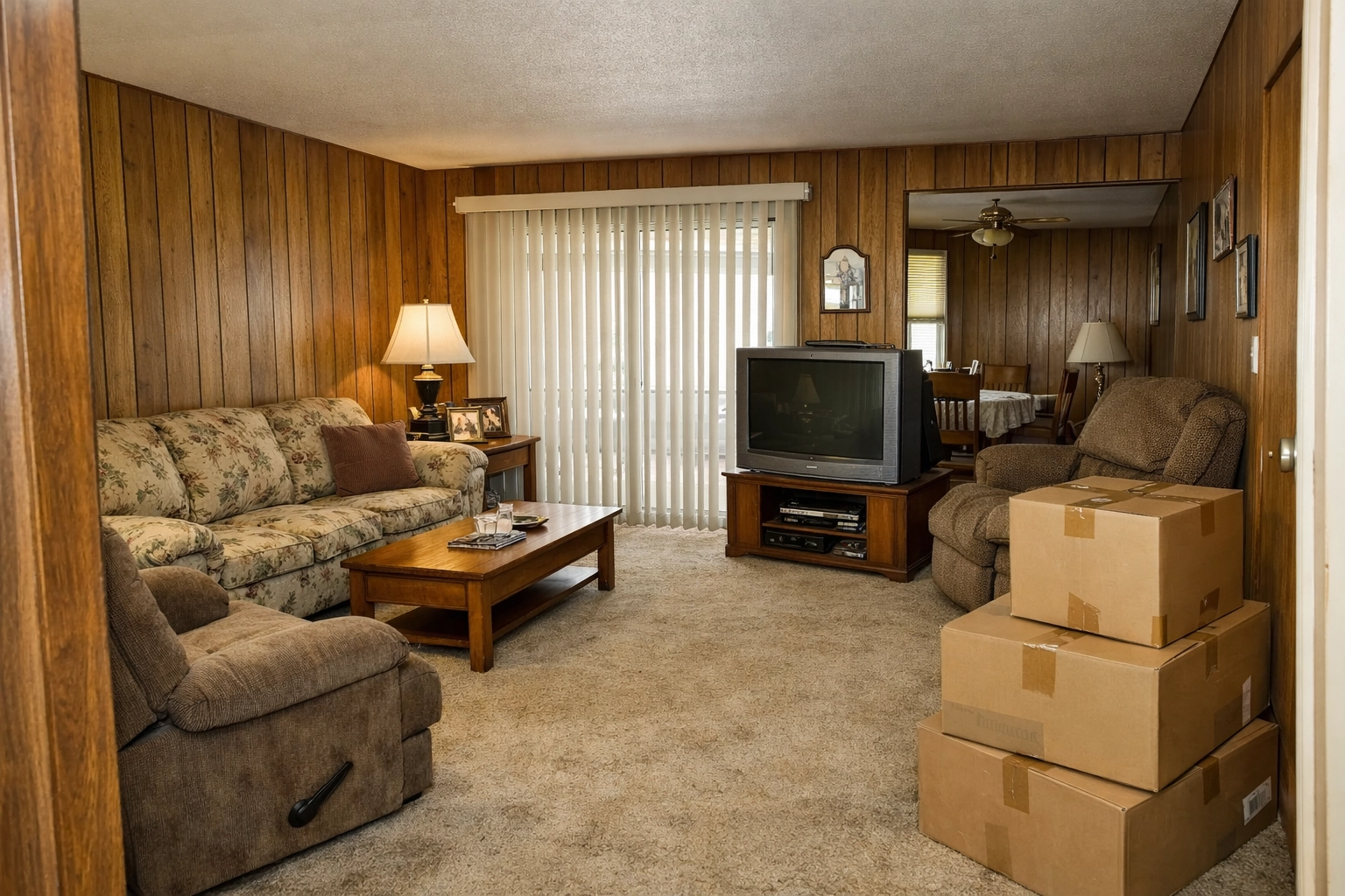 Interior of as-is inherited Las Vegas home showing dated living room with packed boxes during probate process