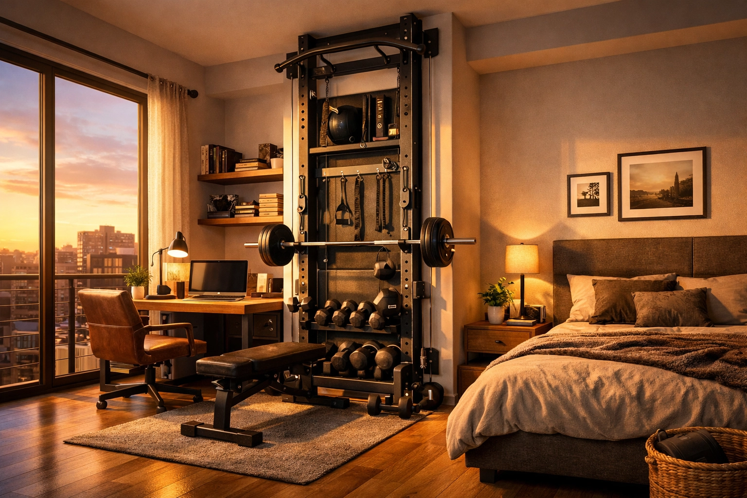 Space-saving floor to ceiling gym and no wall damage workout system in a modern studio apartment.