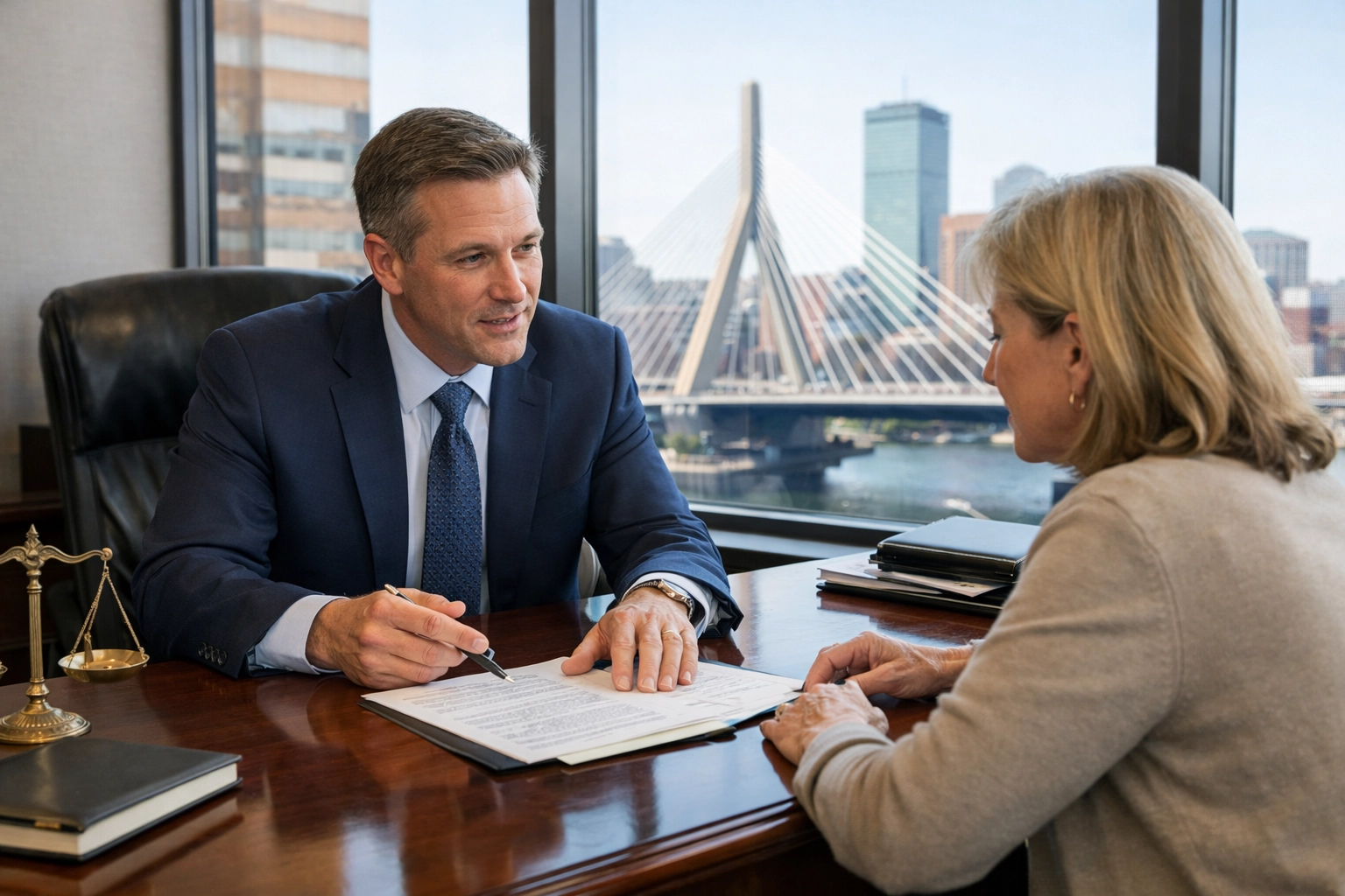 A Massachusetts motorcycle accident lawyer discussing a case with a client in a professional Boston office.