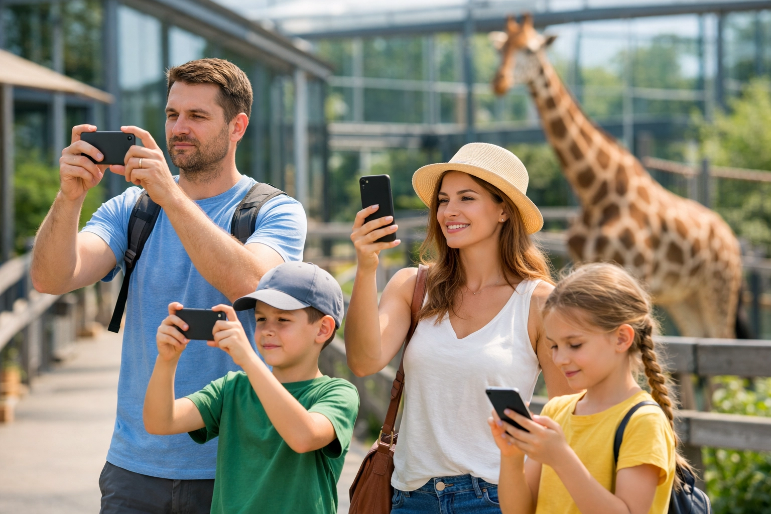 Family using mobile apps to enhance their zoo visit experience with giraffe