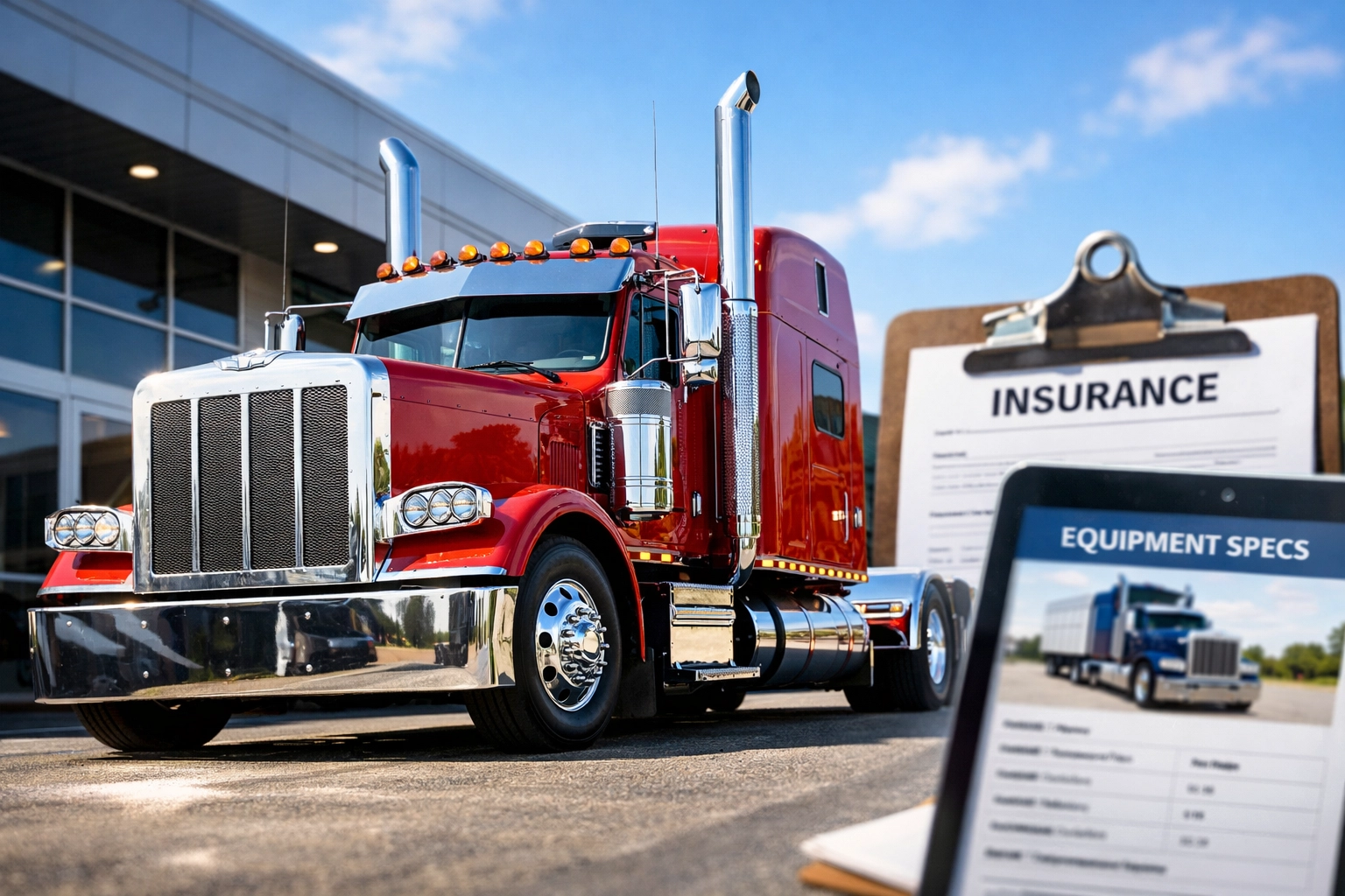 Red semi-truck at dealership with insurance papers, highlighting equipment choices and insurance for starting a trucking business.