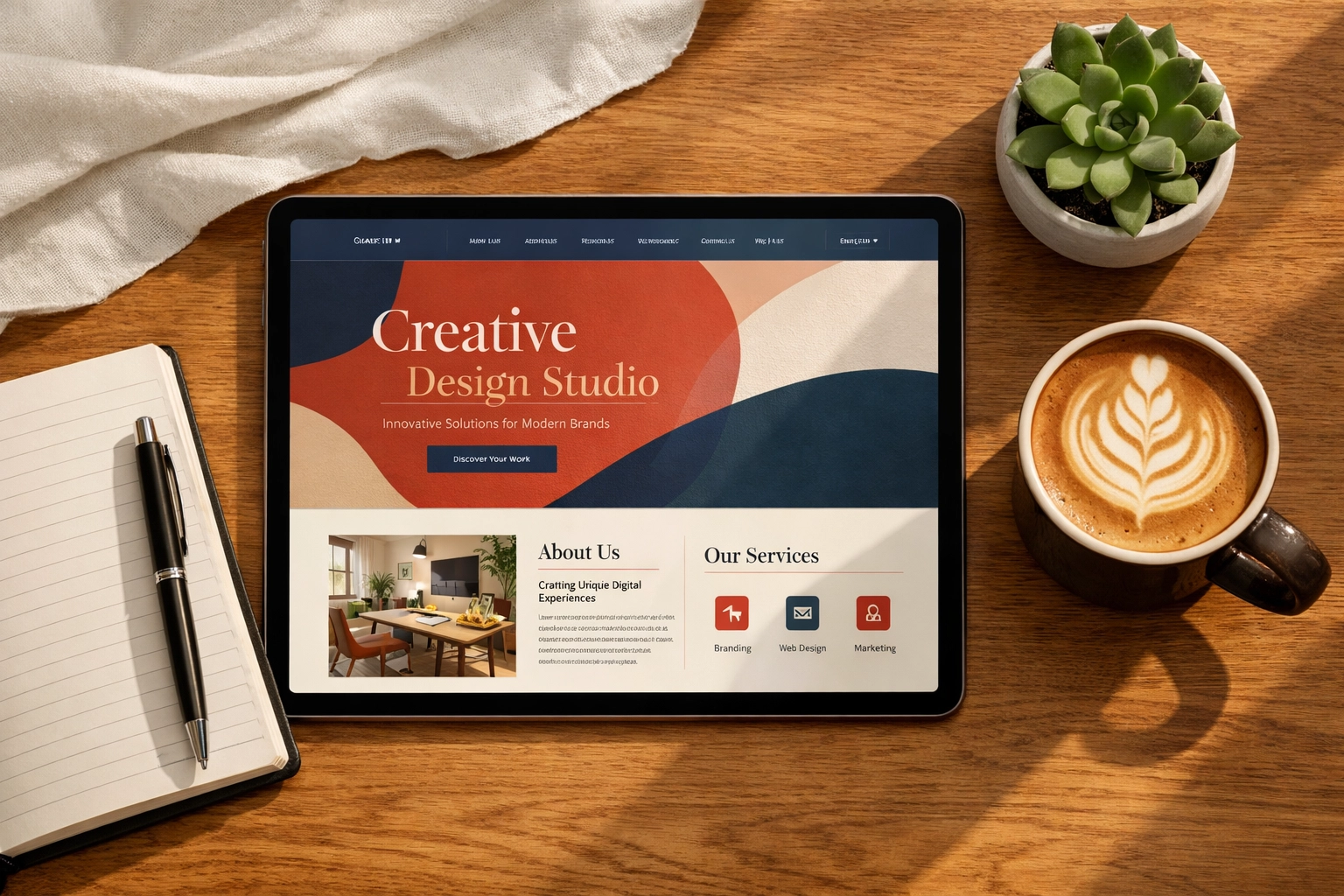 Modern workspace with tablet displaying contemporary small business web design