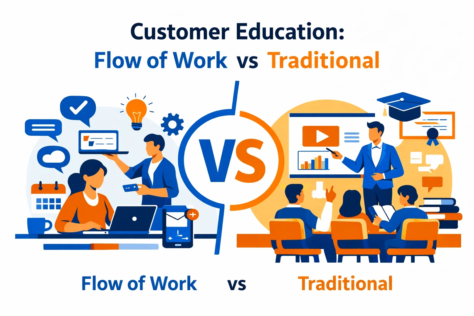 Customer Education hero comparing flow-of-work vs traditional training
