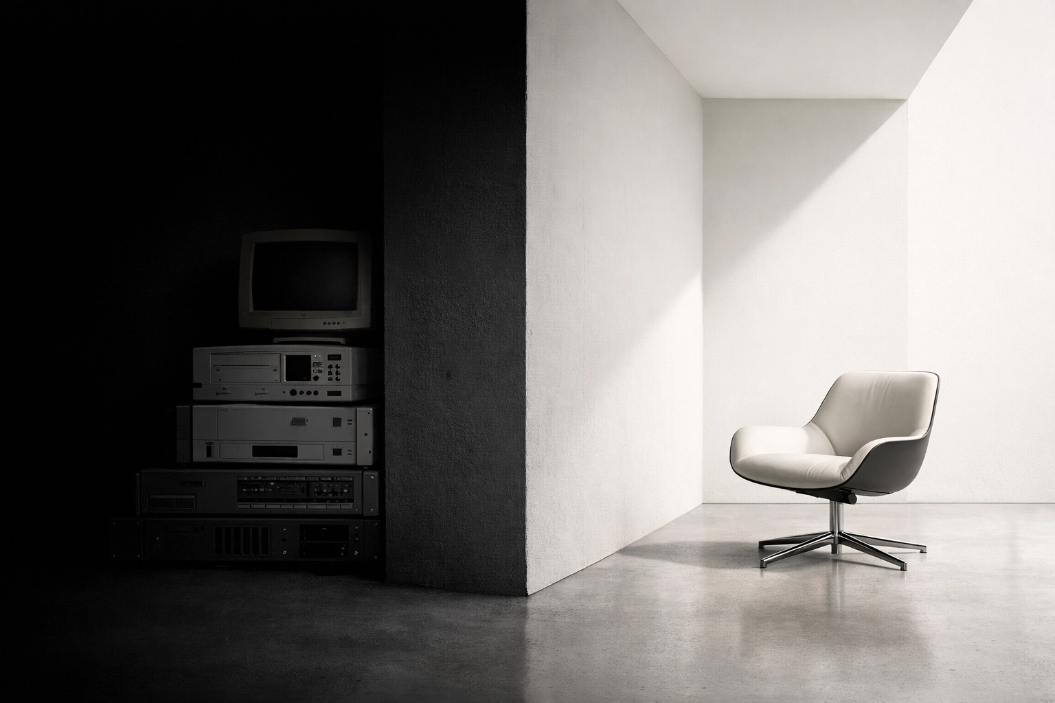 Minimalist contrast between old hotel hardware and the freedom of modern cloud-native technology.