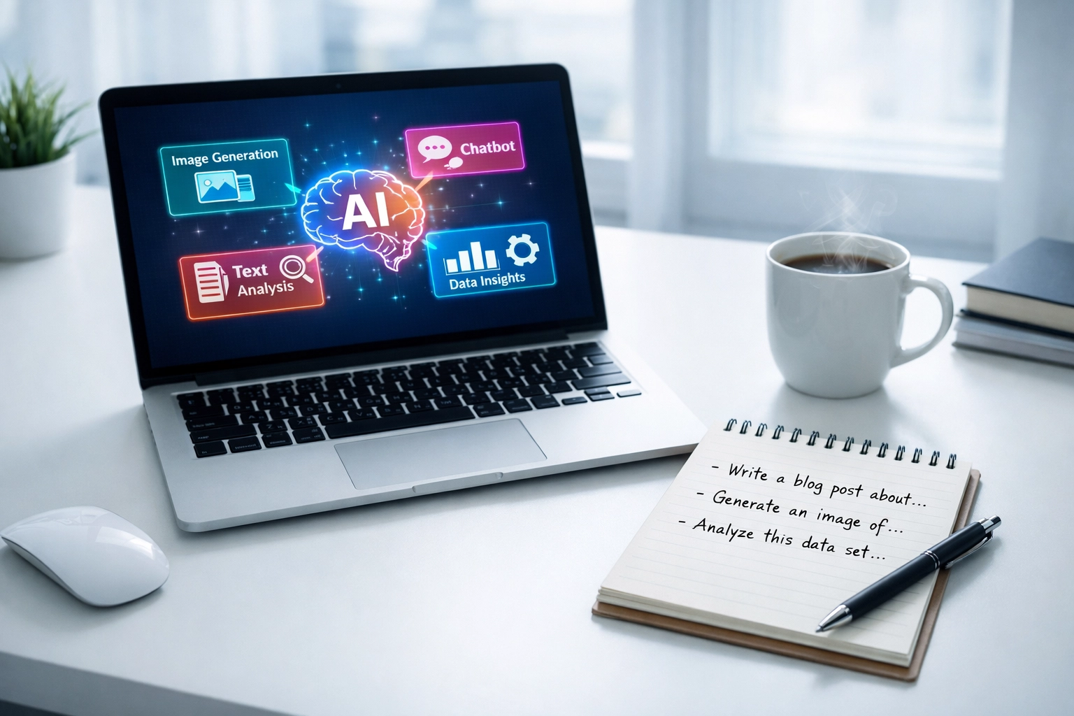 AI prompt engineering consultant workspace with laptop displaying AI interface and coffee