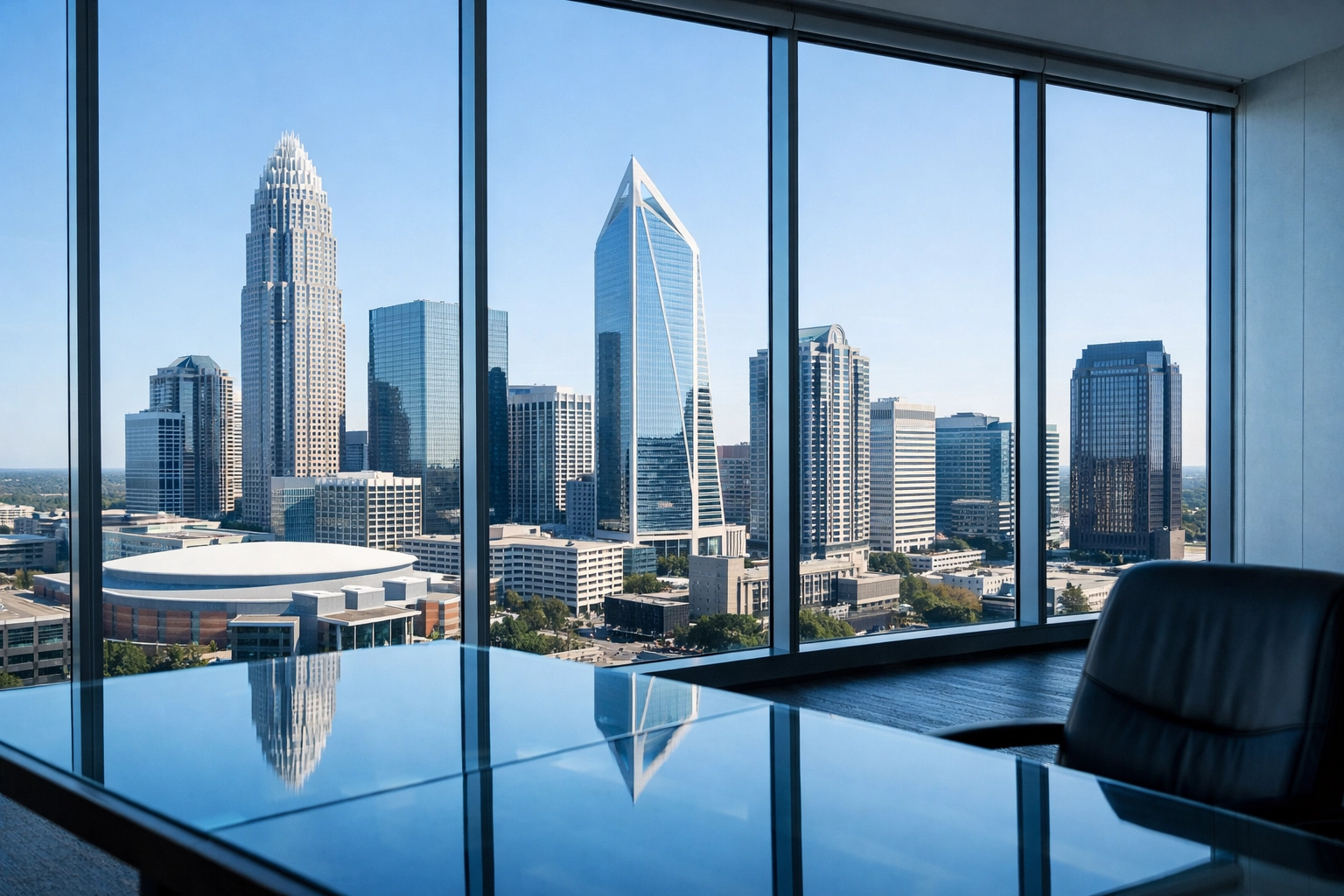 Modern Charlotte NC skyline view from a professional boardroom highlighting North Carolina business brokerage services.