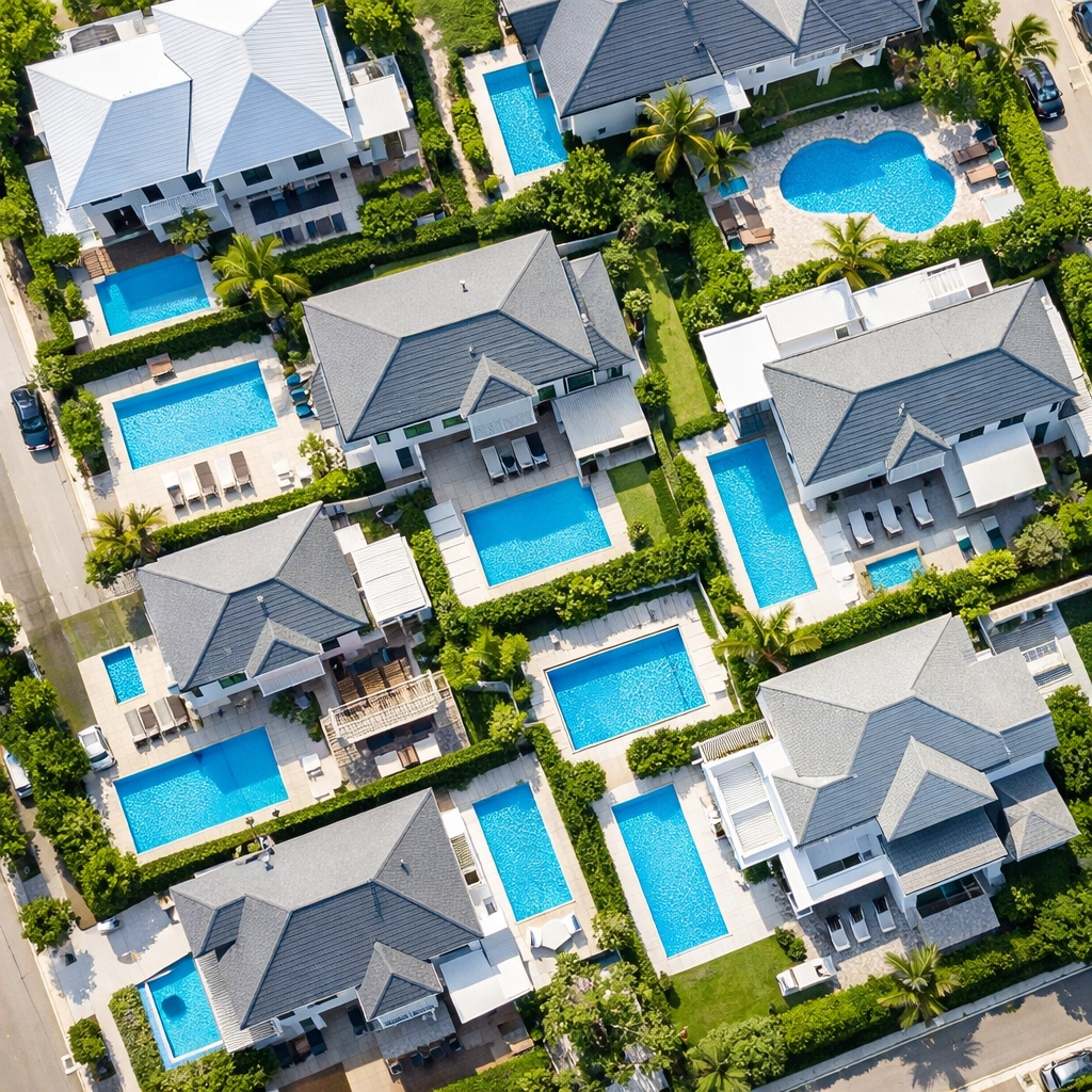 Aerial view of a suburban neighborhood with pools, highlighting account density for pool route valuation.