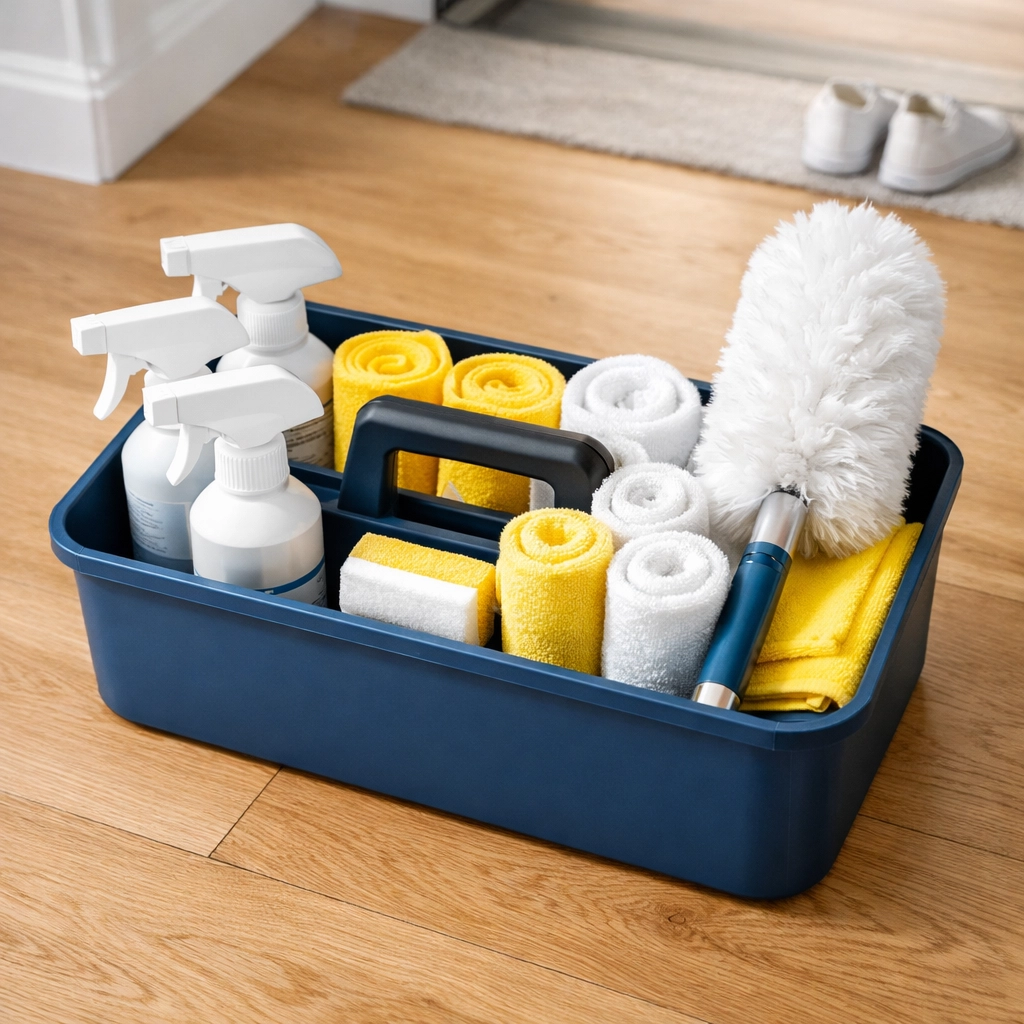 Professional house cleaning Shirley MA supplies organized in a blue caddy for a residential deep clean.