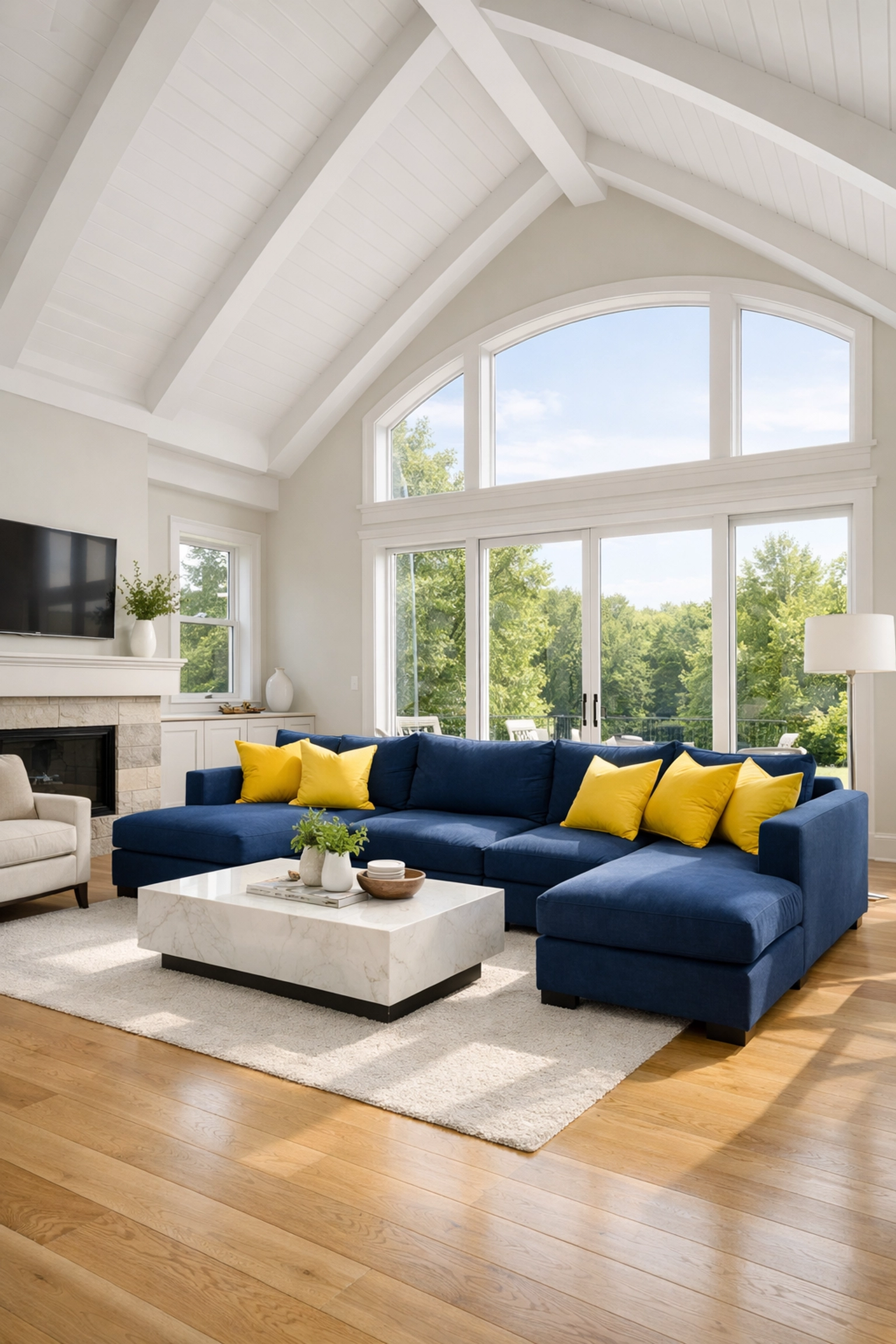 A sun-drenched, spotless luxury living room representing the work of professional cleaners in North Andover.