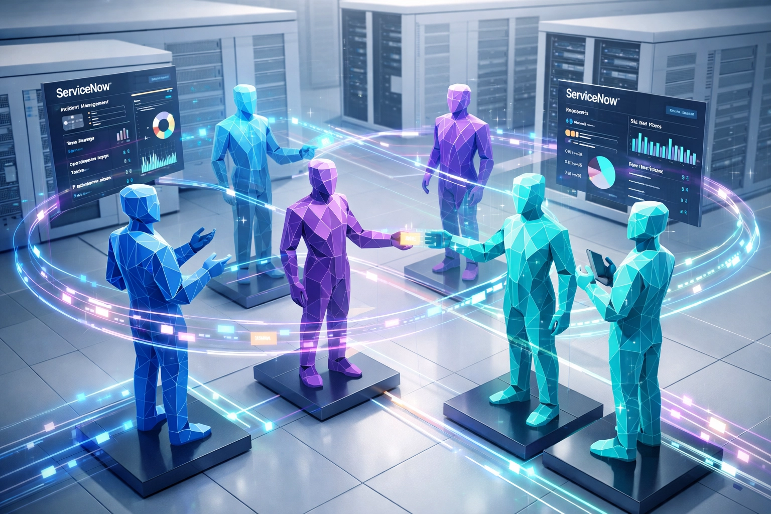 Agentic AI agents collaborating in ServiceNow ITOM infrastructure through autonomous orchestration