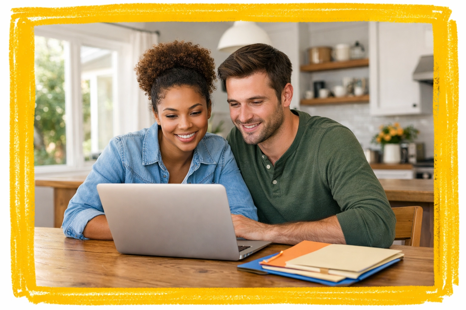 A young couple in a Connecticut home reviewing their credit report on a laptop to prepare for a mortgage. A young couple in a Connecticut home reviewing their credit report on a laptop to prepare for a mortgage.