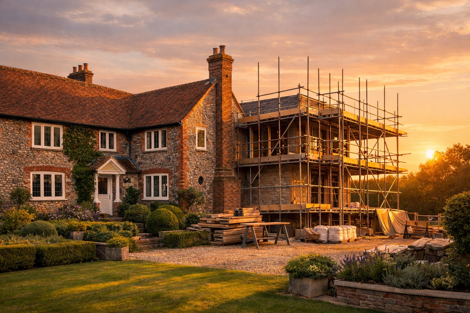 Traditional West Sussex home extension featuring flint walls and professional scaffolding at sunset.