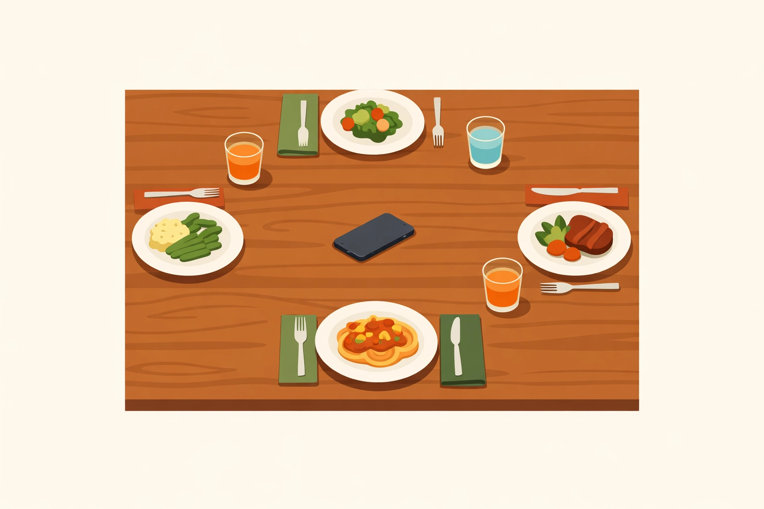 Family dinner table with phone face-down showing phone-free meal boundaries