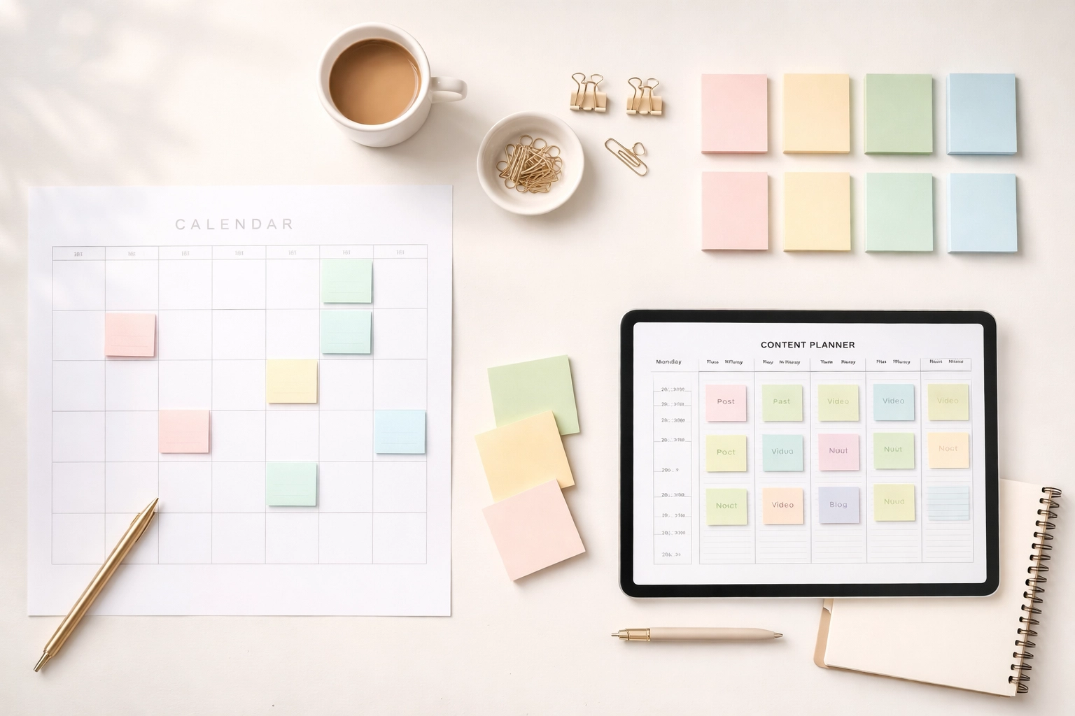 Overhead view of a content calendar and sticky notes, highlighting SEO content planning and organization