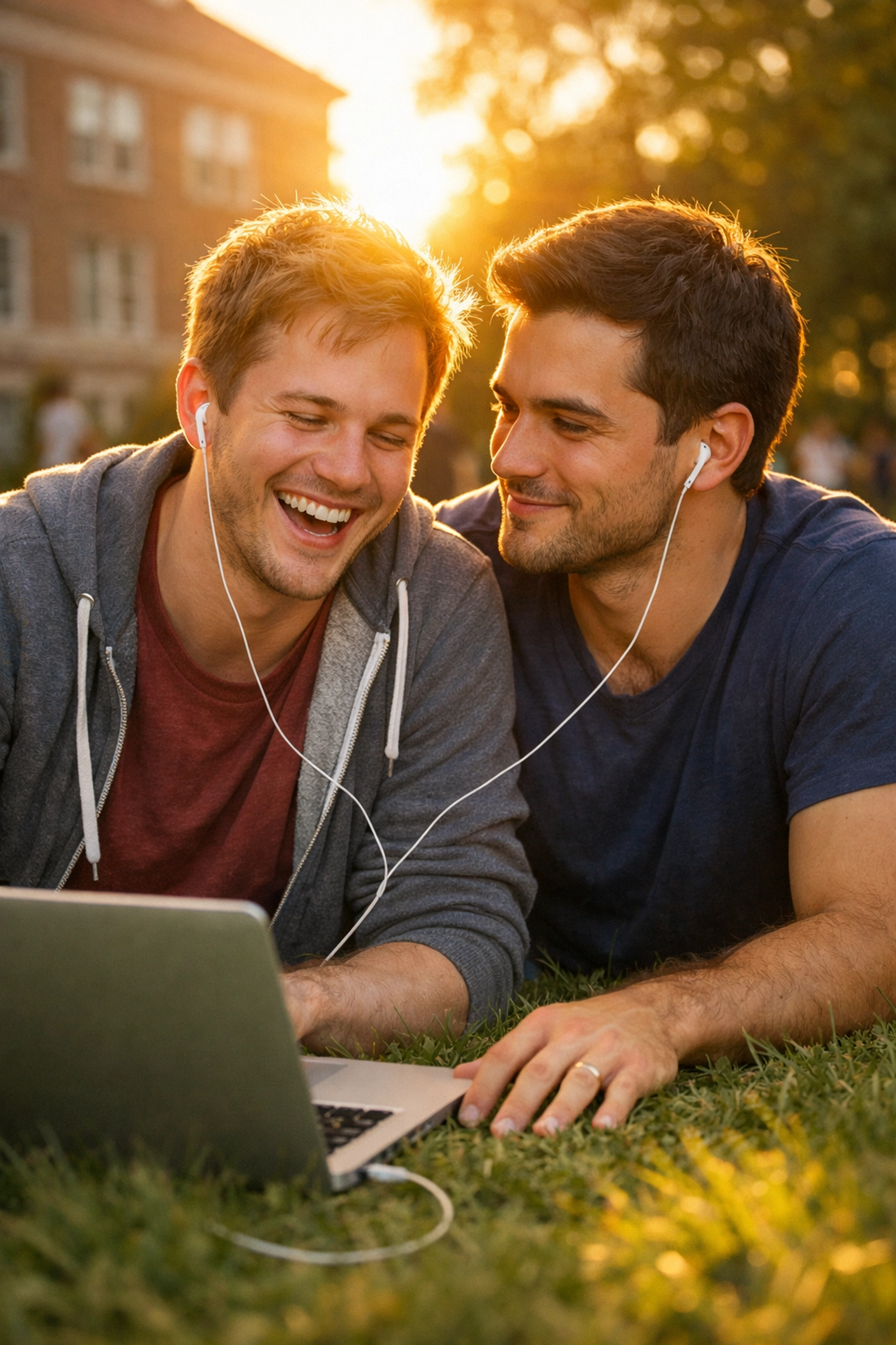 Two men sitting together on a campus lawn sharing earbuds, depicting a heartfelt gay love story and new beginning.