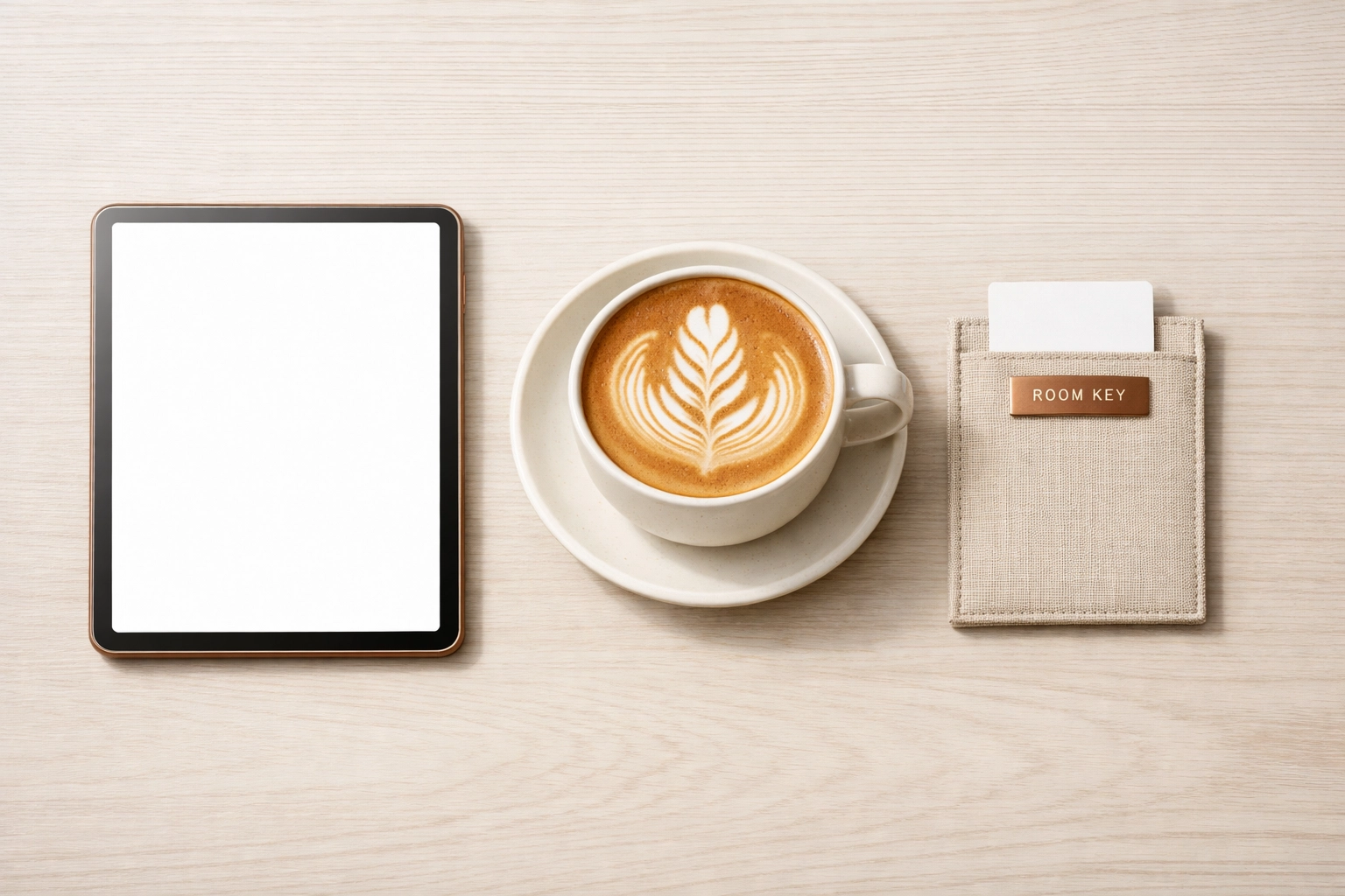 Modern hotel desk with a tablet and coffee, illustrating personalized guest tech and digital check-in.