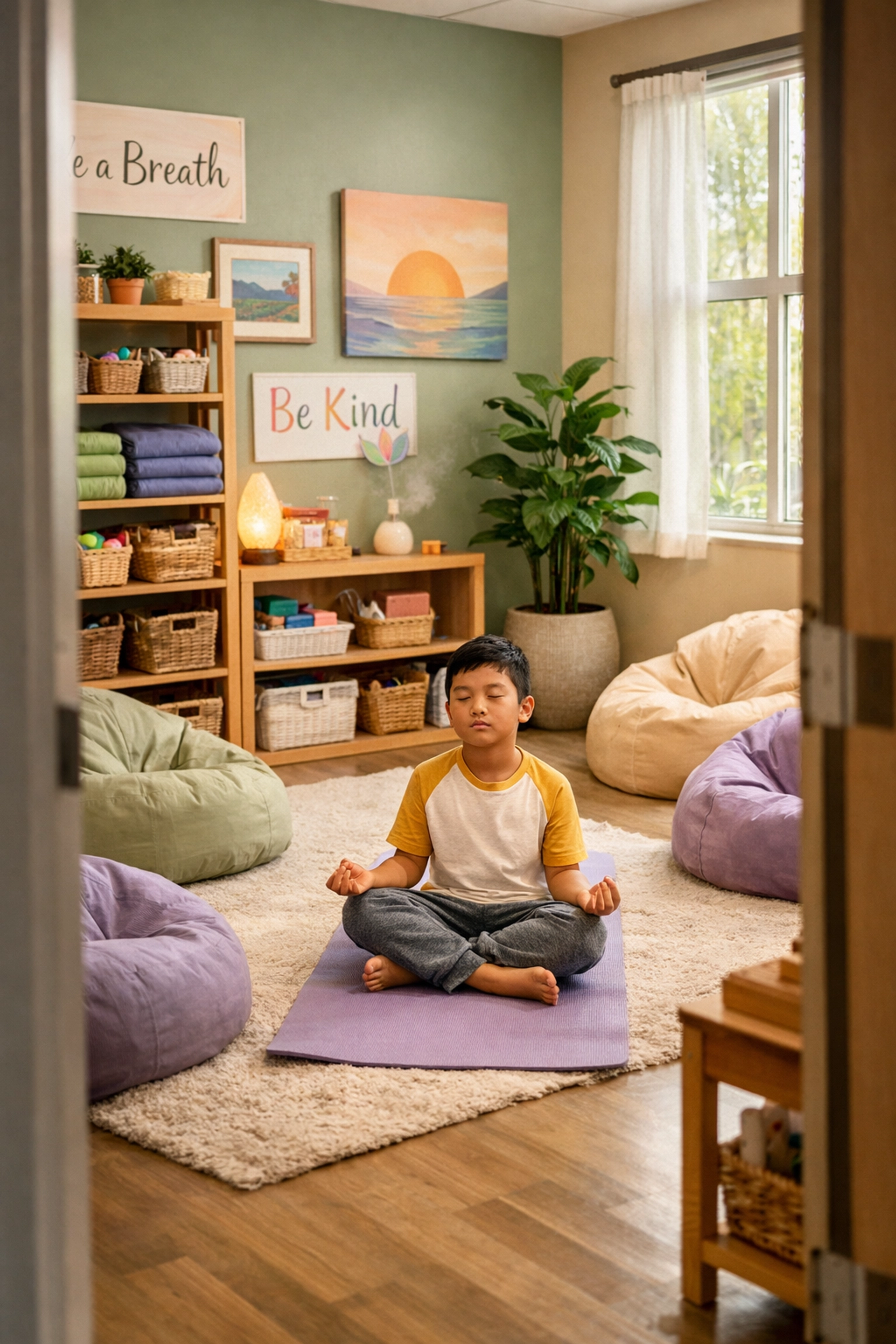 Student using breathing techniques in a school wellness room with sensory regulation tools