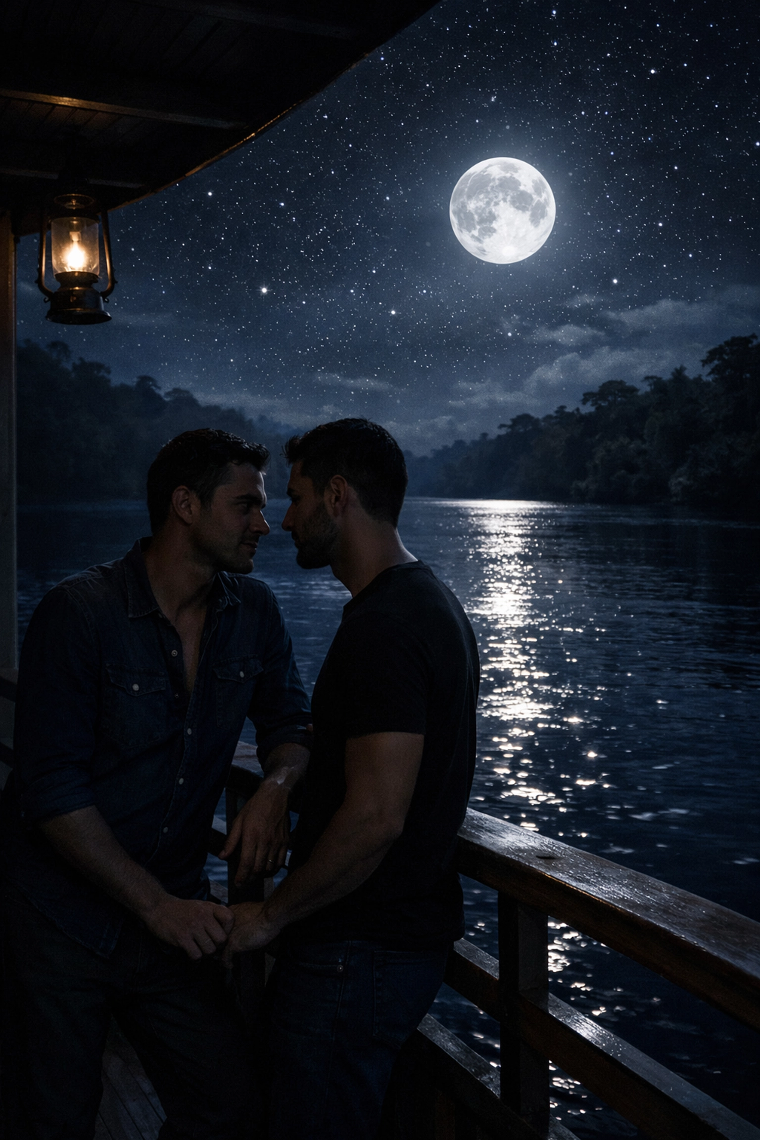 A slow-burn romantic moment between two men on an Amazon riverboat deck under a full moon.