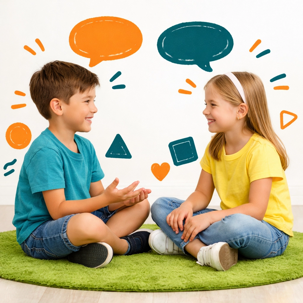 Two children practicing conflict resolution and communication skills on bedroom floor