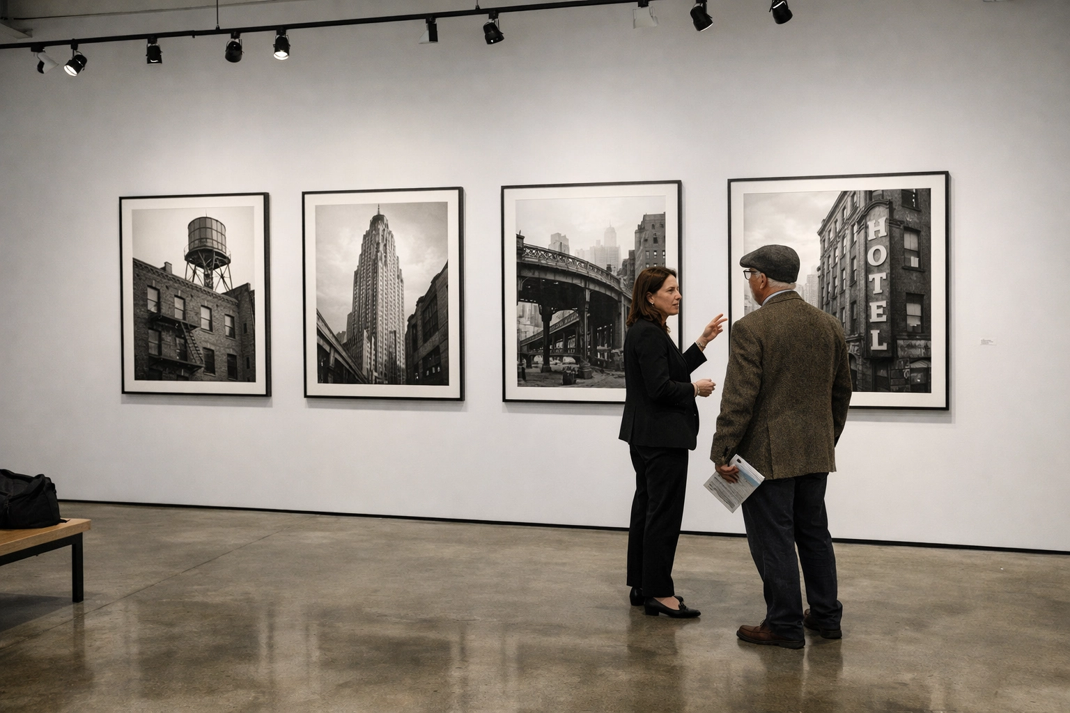 A collector viewing framed archival prints in a gallery to value fine art photography prints.