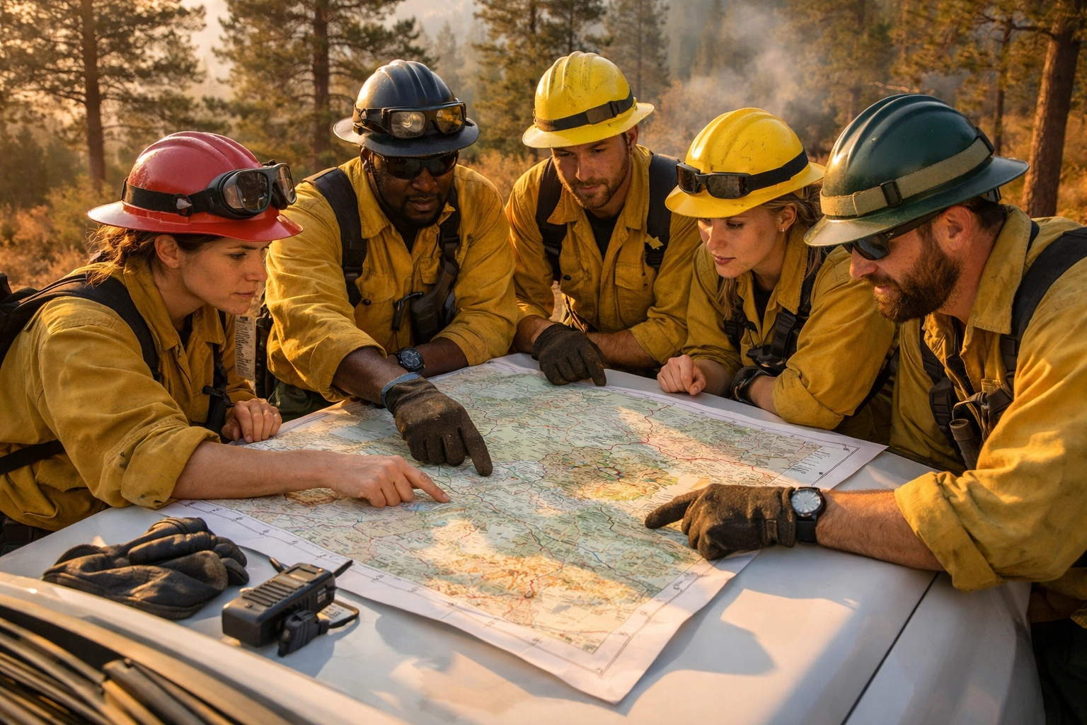 Wildland firefighters review topographical maps during fire season planning