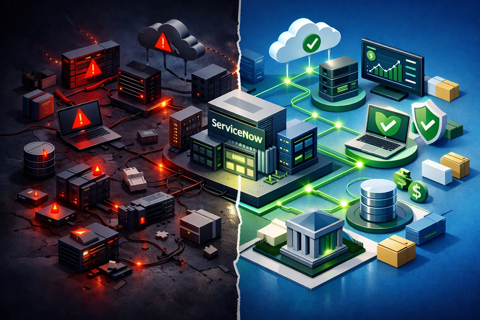 ServiceNow ITOM transformation showing before and after operational resilience improvement