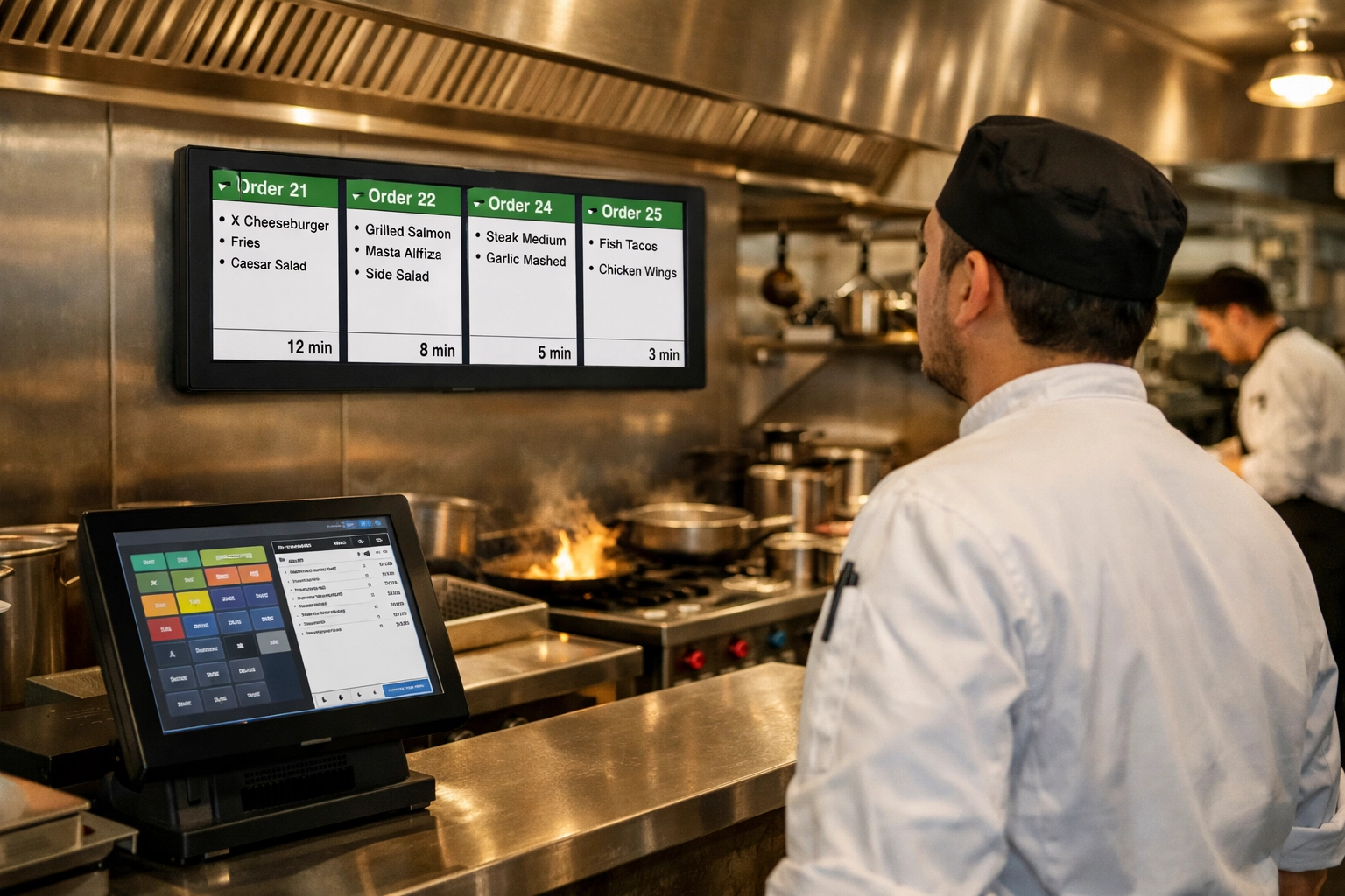 Restaurant kitchen display system showing order tickets on POS terminal