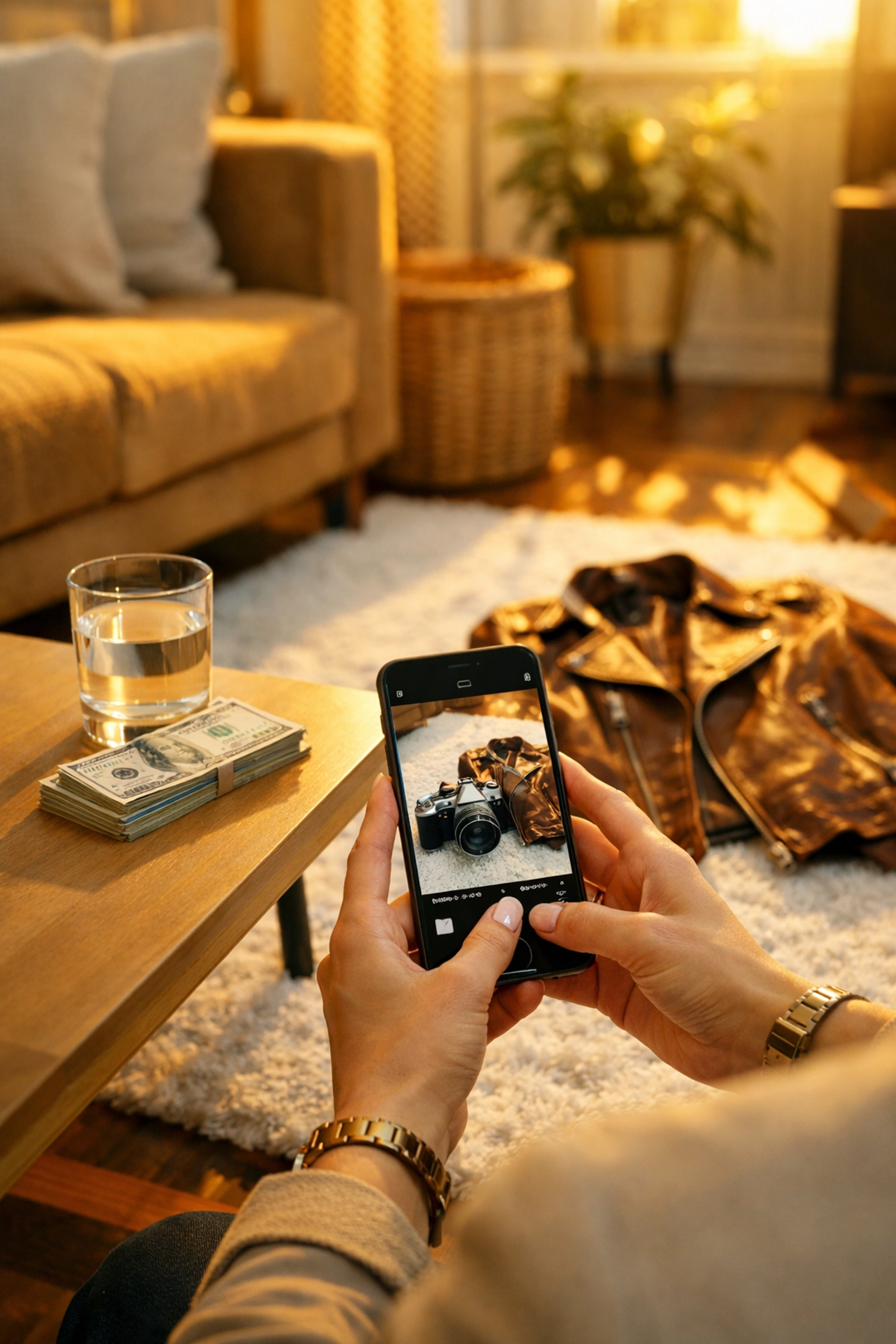 Person taking photos of items to sell online, representing decluttering to earn extra cash and boost disposable income.