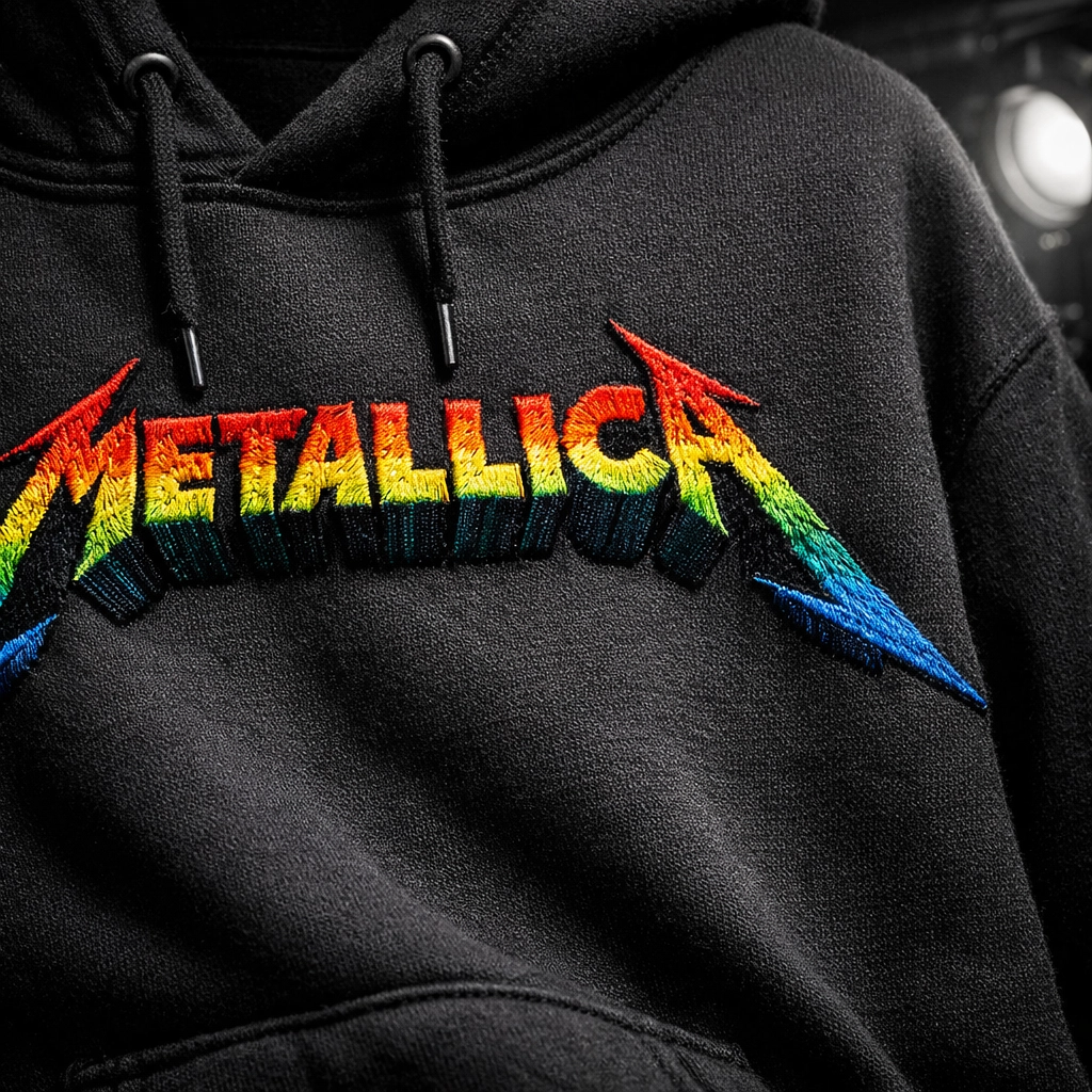 Close-up of official band hoodie featuring high-quality graphic print and durable fabric.