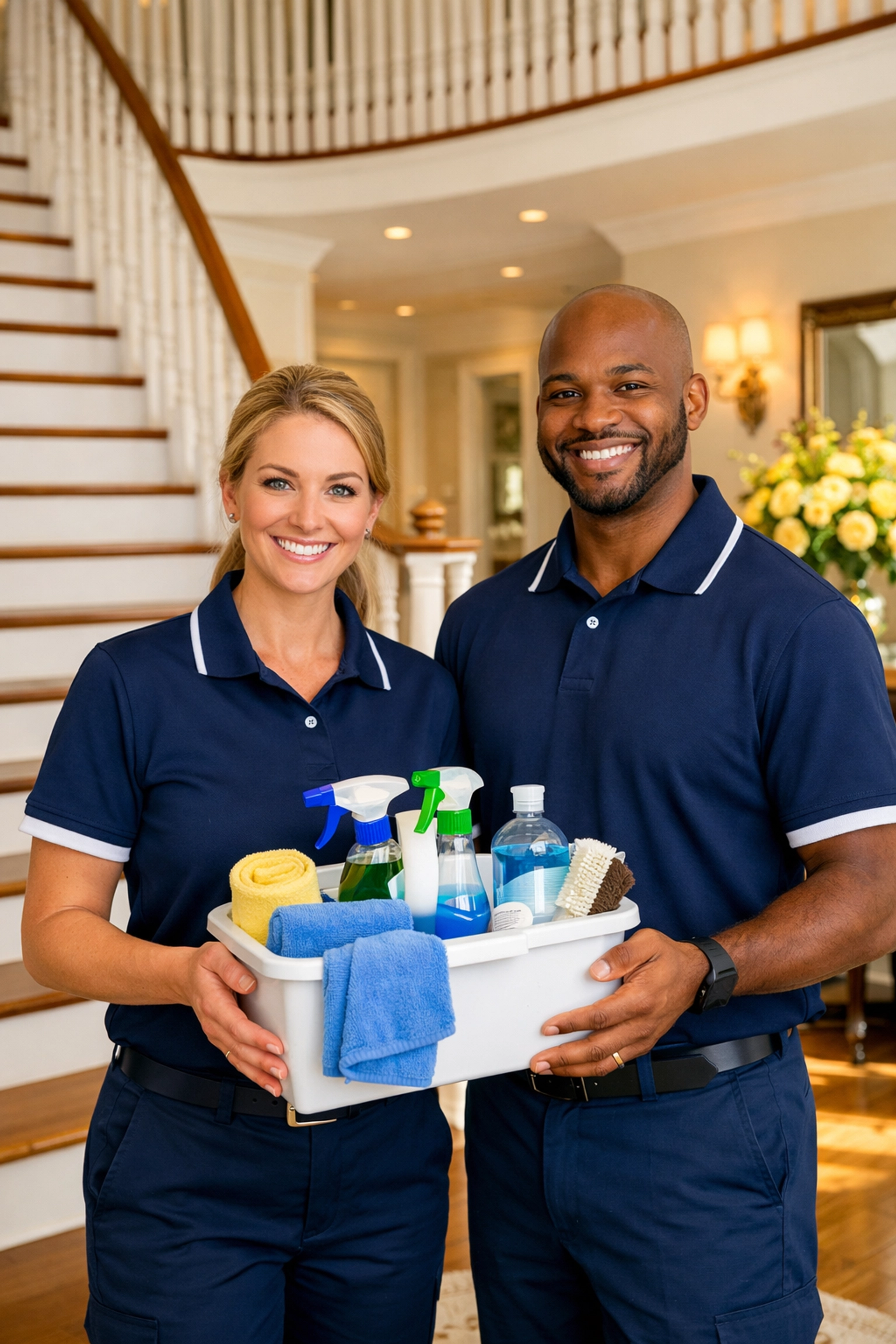 The Cleaning Ninjas Inc team members providing professional cleaners Newton MA services in a luxury home foyer.