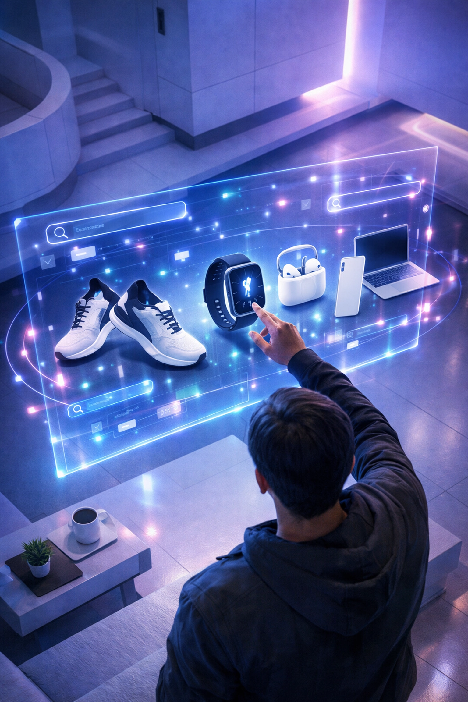 A high-tech holographic display illustrating AI-driven predictive search for Web3 commerce and merchant discovery.