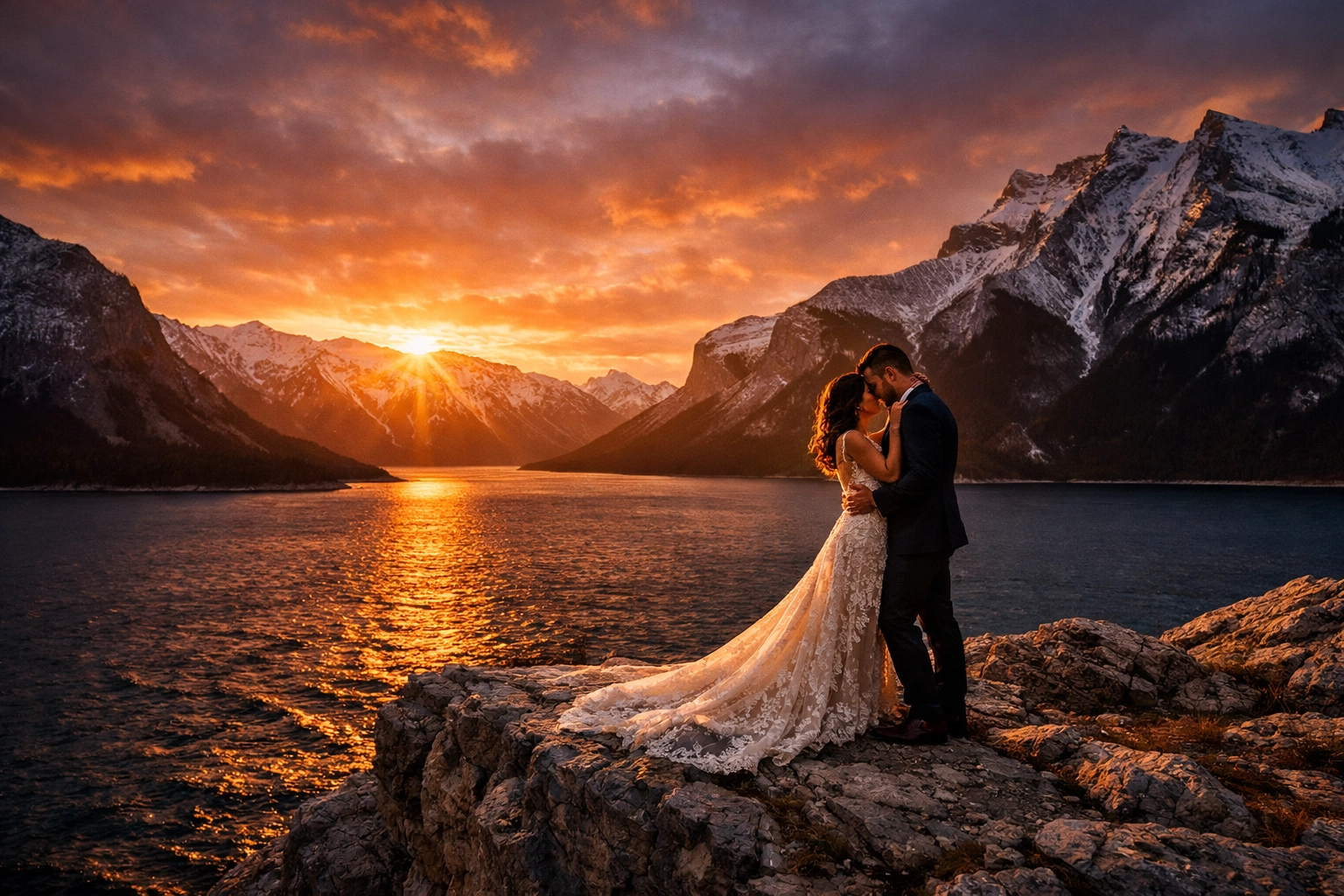 Intimate Banff elopement at Lake Minnewanka during golden hour with sunset mountain views.